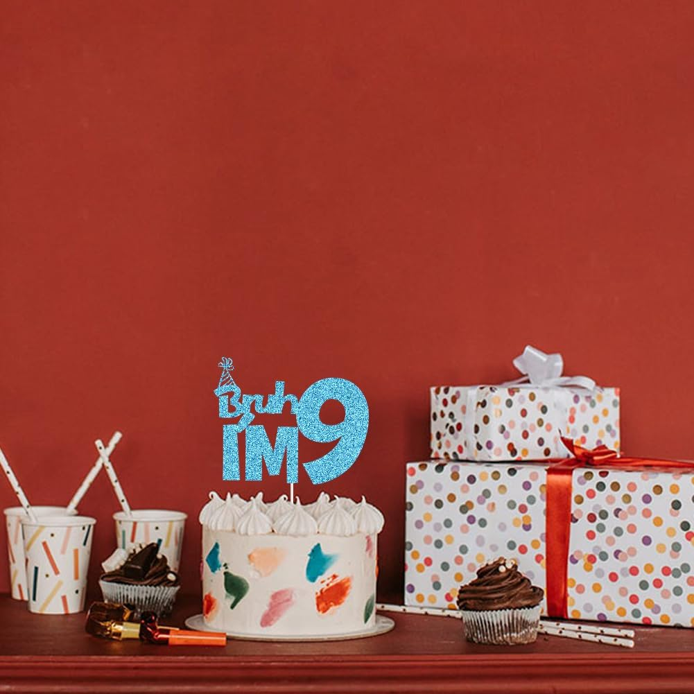 XIUHUBA Bruh I'M 9 Cake Topper, Happy 9Th Birthday Cake Decor, Kids Boys 9Th Birthday Party Decorations, Funny Nine Years Old Birthday Party Supplies Blue Glitter image number 3