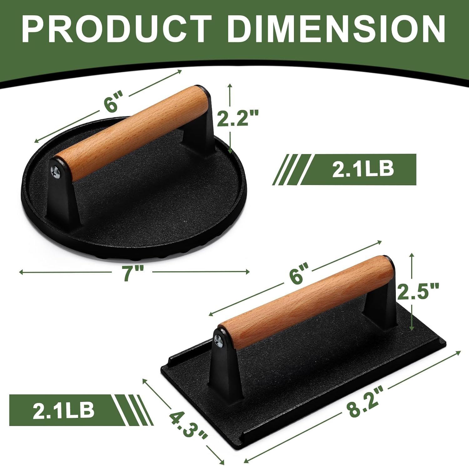 EWFEN Burger Press, 7" round & 8.2"X4.3" Rectangle Heavy-Duty Cast Iron Smash Bacon Press Meat Steak with Wood Handle for Griddle, Sandwich, Nonstick Pan - Cast Iron Round  Rectangle image number 6