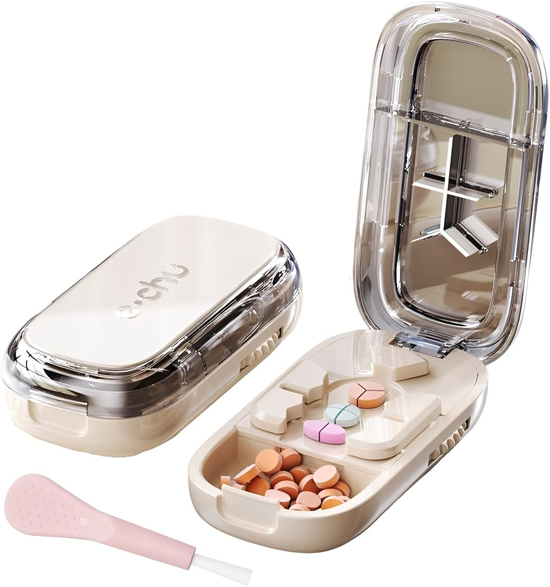 Portable Pill Cutter Splitter for Small and Tiny Pills,Adjustable Pill Splitter with Centering Device for Cutting Multiple Pills,Precision Alignment,Easy to Use with Sharp Safe Blade(Beige)