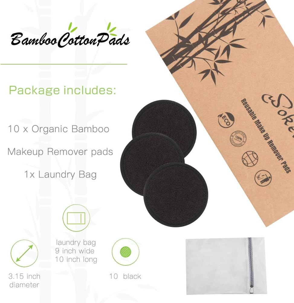 Reusable Makeup Remover Pads 10 Pcs 2-Layer 3.15 Inch Black Washable Eco-Friendly Natural Organic Bamboo Cotton round Pads with Laundry Bag Soft Facial Cleansing Cloths Toner Pads Towel Wipe for Face image number 5