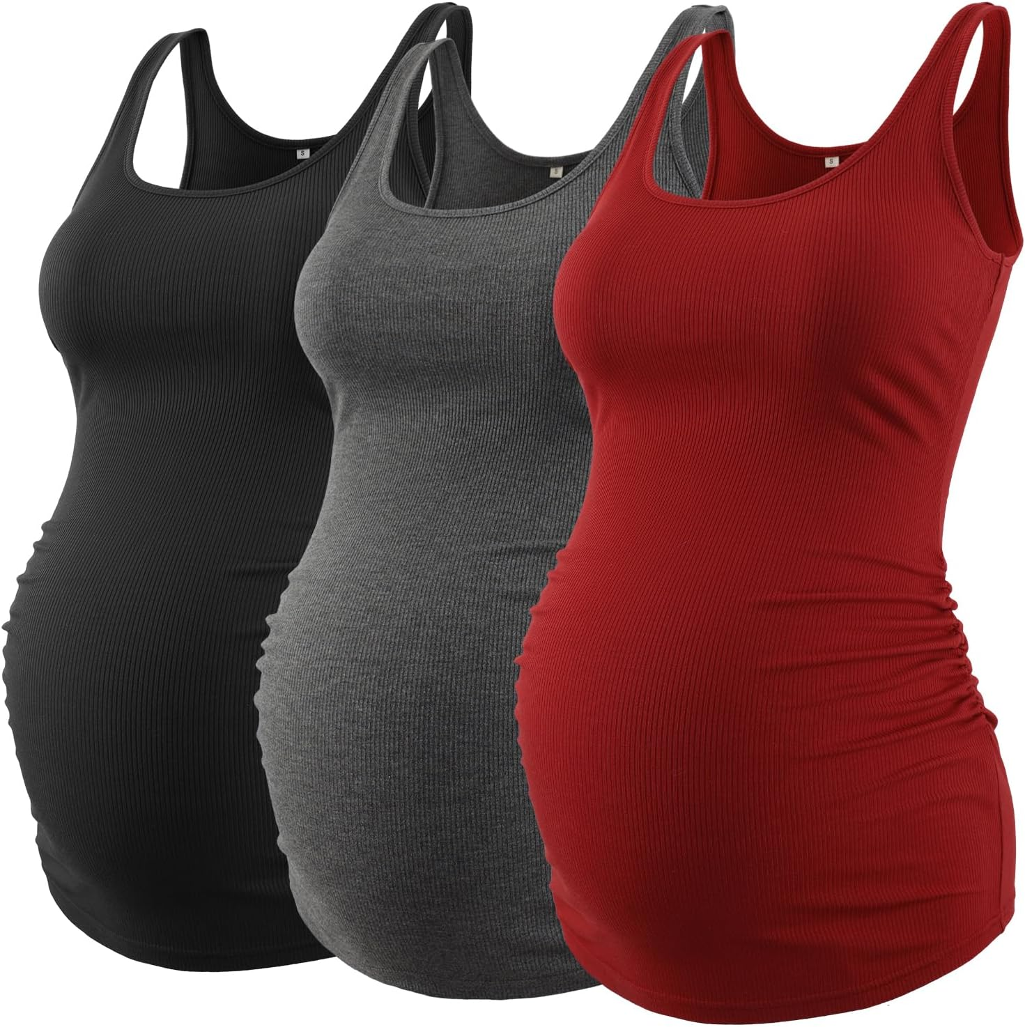 Ecavus 3 Pack Maternity Tank Tops Ribbed Ruched Side Stretchy Comfortable Sleeveless Pregnancy Shirts