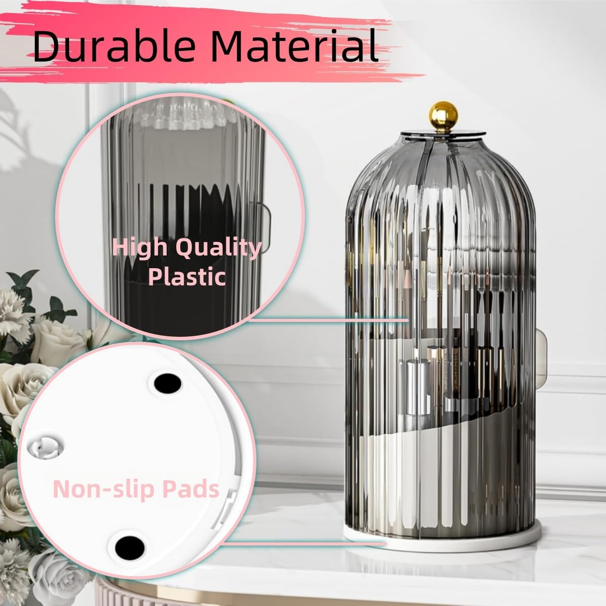 Makeup Brush Holder with Sliding Lid,360&deg; Rotating Dustproof Makeup Organizer, Concealed Toothbrush Holder,Waterproof Dustproof Holder for Toothbrush Toothpaste Cosmetics image number 6