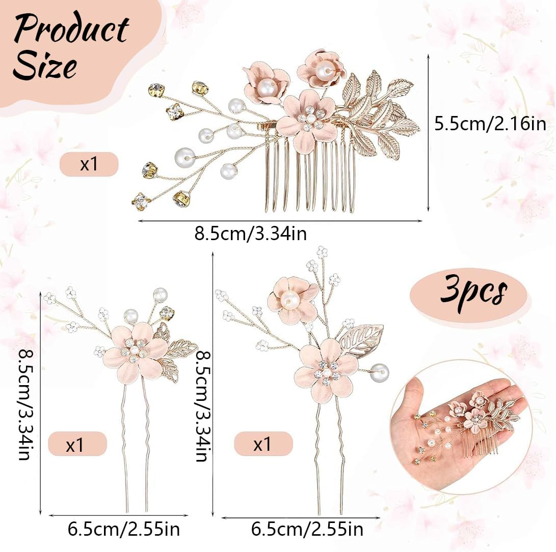 JYNVO Wedding Hair Accessories, Pack of 3 Pearl Flower Bridal Hair Comb Rhinestone Bridal Hair Pins for Communion Girls Bride Bridesmaid image number 5