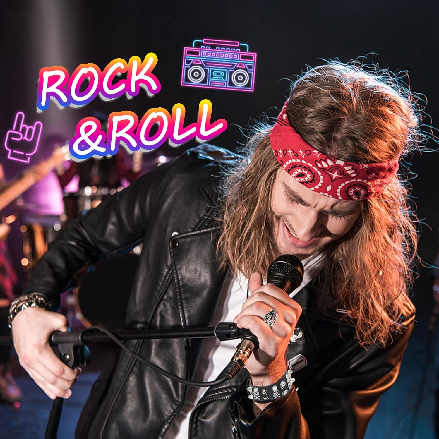 11Pcs Punk Gothic Rocker Costume Set, Rock Heavy Metal Accessories with Retro Sunglasses Gloves Bandana Fake Tattoo Sleeves Bracelet Rings Inflatable Guitar for Women Men Halloween 80S Disco Party image number 2