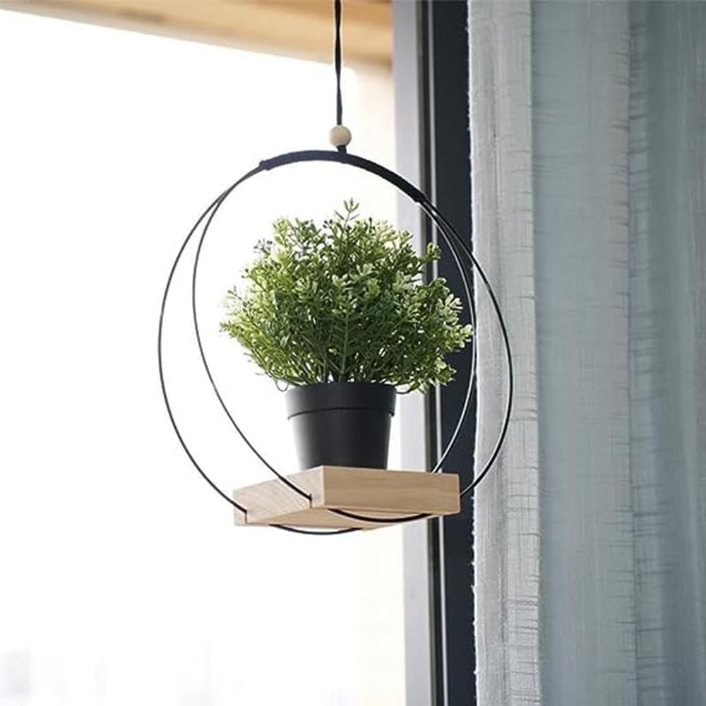Hanging Planter with Wood Base, Modern Macrame Plant Hanger for Indoor Outdoor Wall Ceiling Window Boho Home Decoration, Black(Planter/Plants Not Included) image number 6
