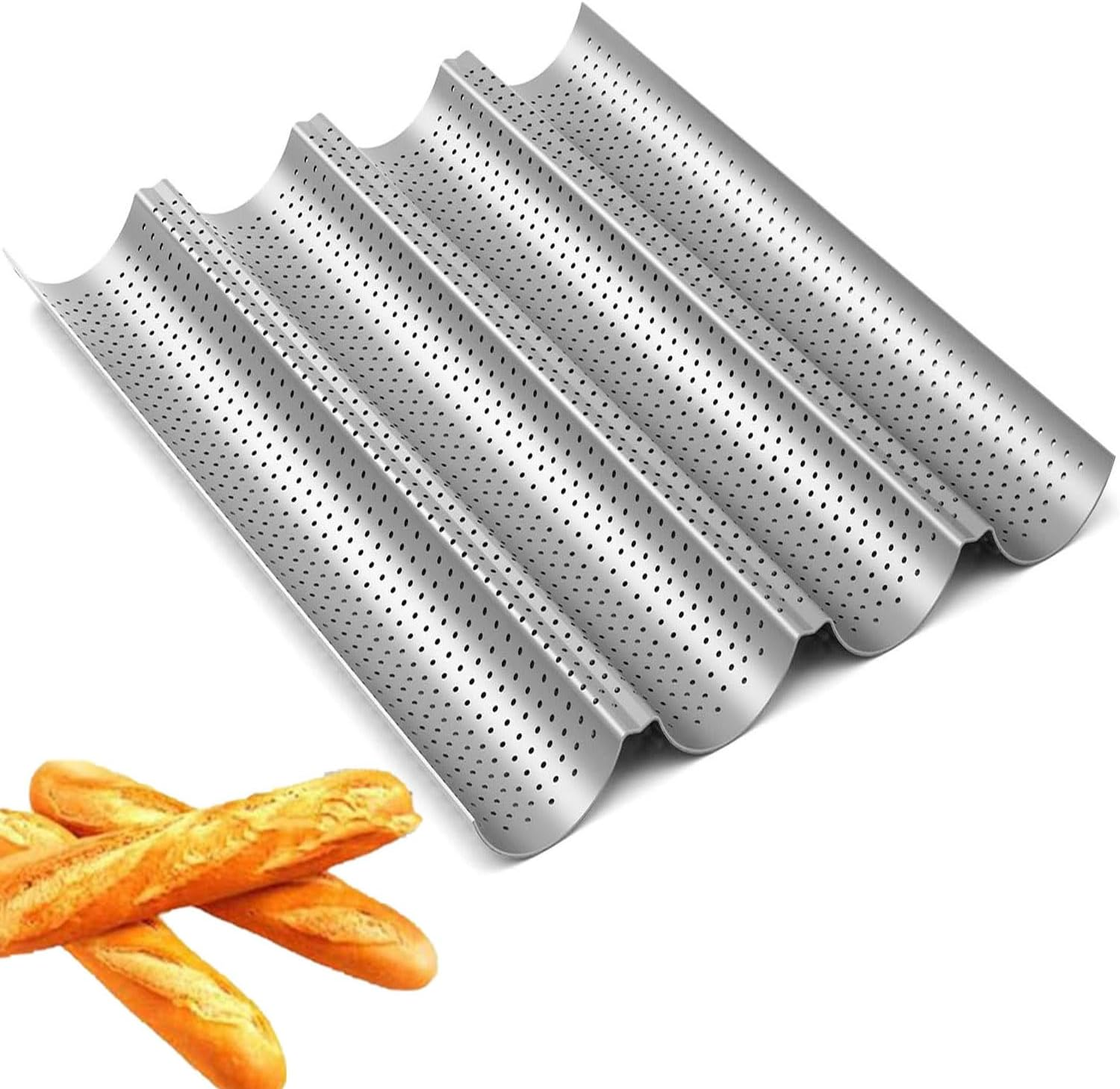 Roczential Baguette Bread Pan Premium Nonstick Perforated Baguette Pan for French Baking 4 Loaves Baguette Baking Tray Sourdough Italian Bread Perfect for Creating Crisp Golden-Brown Crust