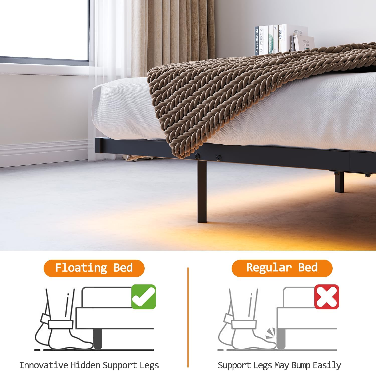 Double Floating Bed Frame with LED Lights and Storage Headboard &Charging Station, Metal Platform Bed Frame with Heavy Duty Steel Slats Black,No Box Spring Needed image number 5