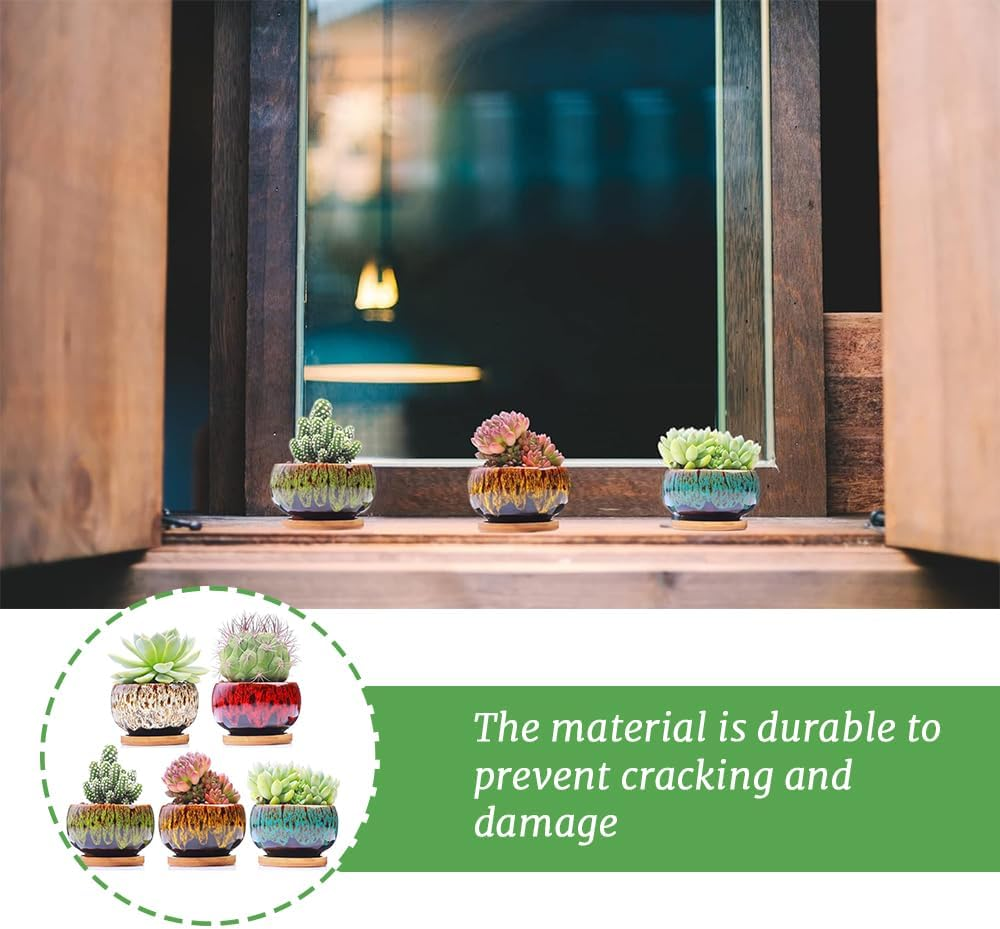 5-Piece Ceramic Indoor Succulent Plant Pots with Drain and Tray, Succulent Plant Pots, round Table Decorative Flower Pots, Ceramic Flower Pot Set, Plants Not Included image number 5