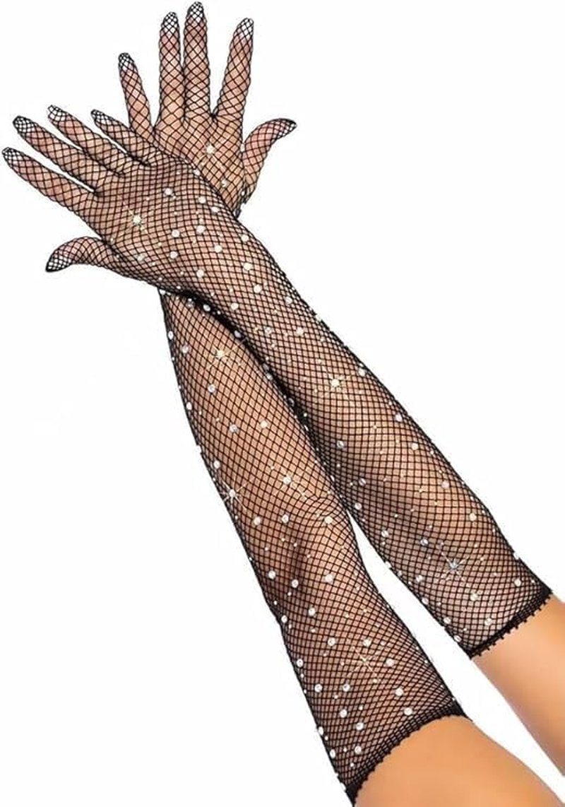 Women'S Rhinestone Fishnet Long Gloves Stretchy Opera Party Gloves Sparkly Mesh Stockings Gloves for Wedding Halloween Cosplay Tea Party Banquet Nightclub image number 2