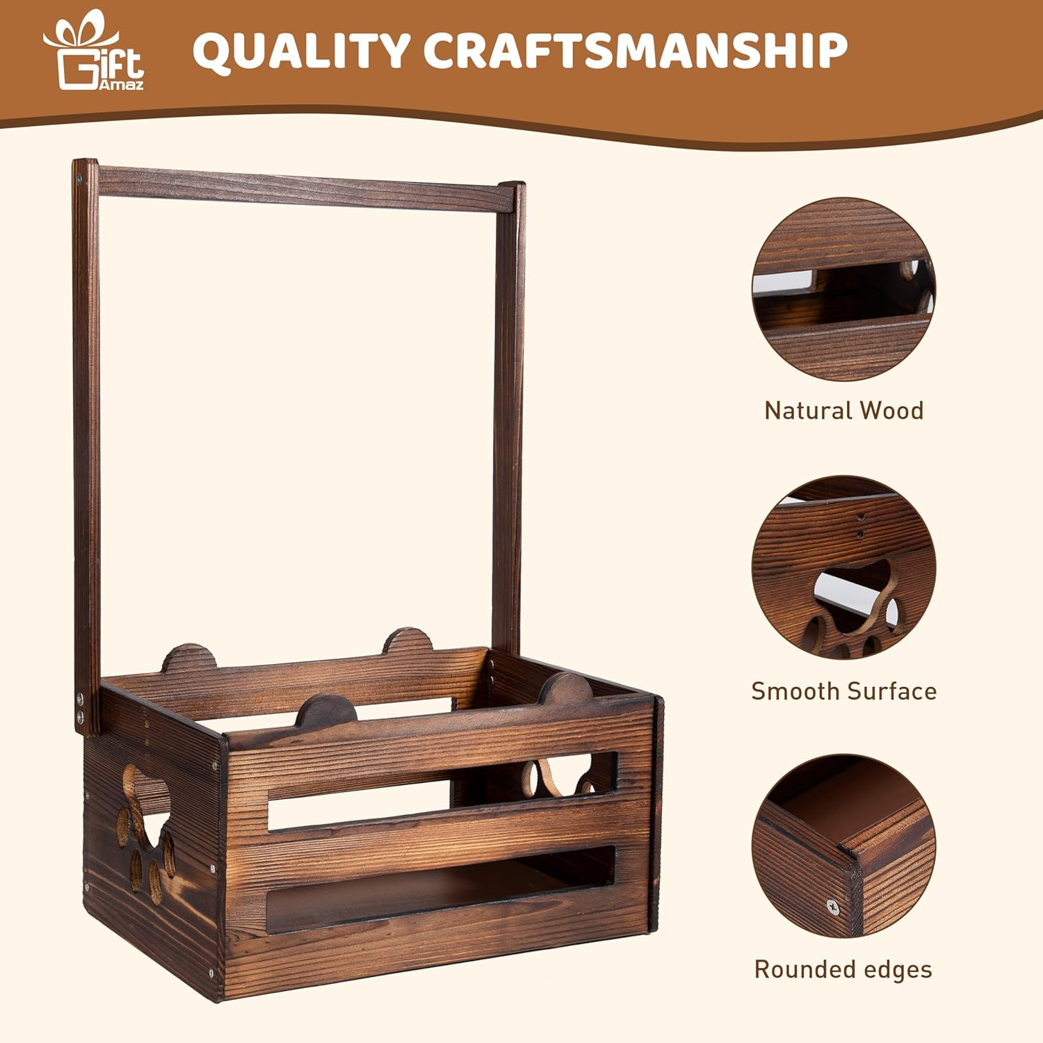 Giftamaz Brown Wooden Baby Gift Crate Closet Basket, Baby Welcome Box, Storage Crate with Handle, Bear Paw Pattern, Natural Finish image number 5