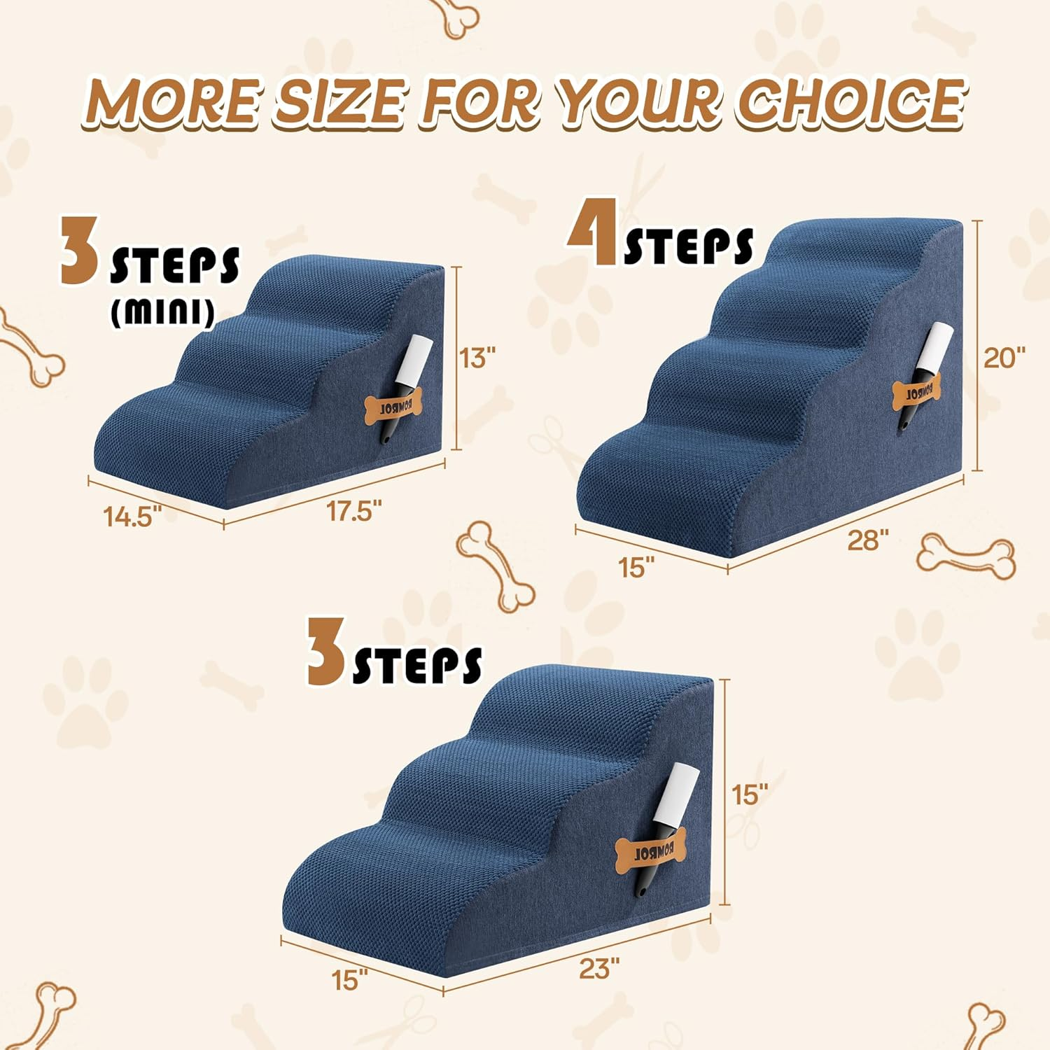 Romrol Dog Stairs Ramp for Beds Couches, Extra Wide Pet Steps with Durable Non-Slip Waterproof Fabric Cover, Pets Slope Stairs, 3-Tiers,Light-Grey, 15 Inch, Dusty Blue image number 4