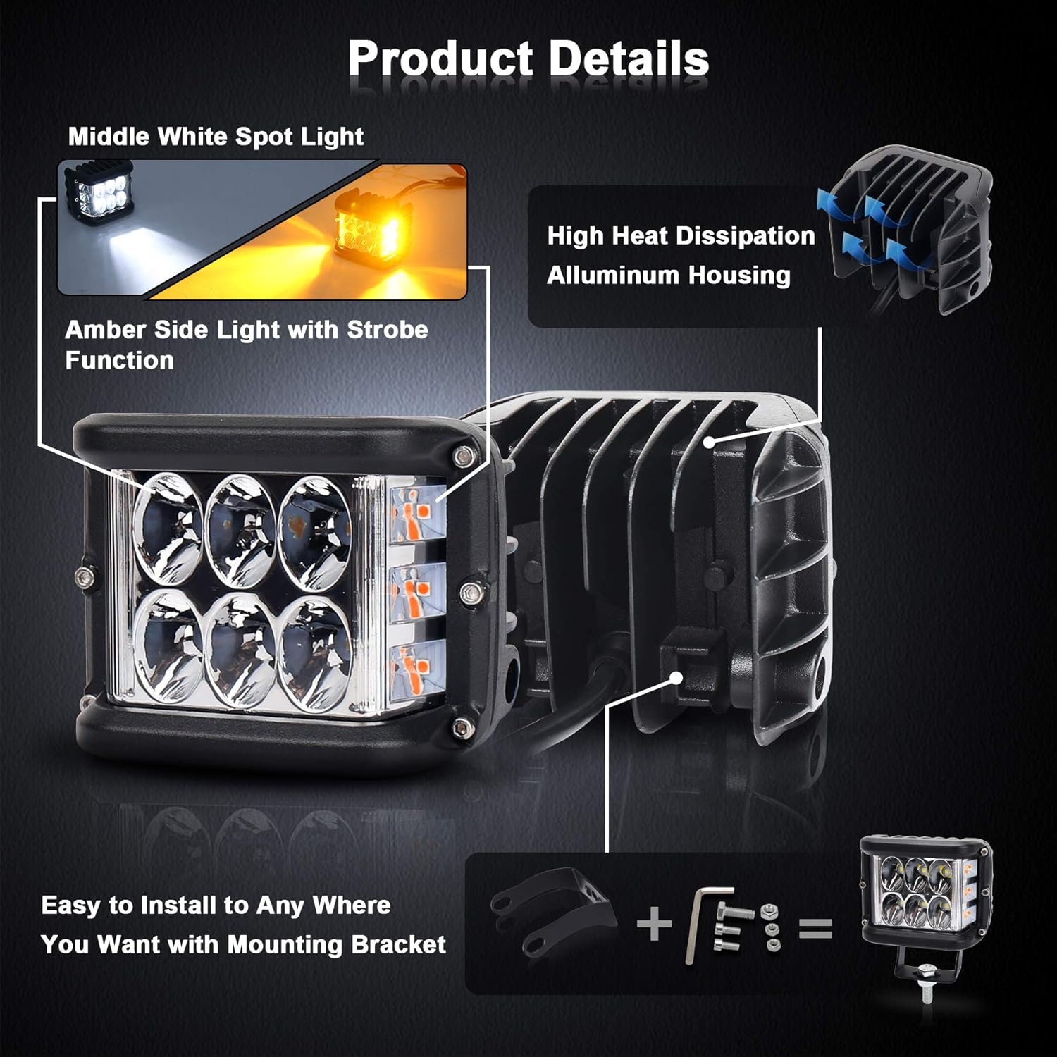 OVOTOR Side Shooter, LED Pods Light 4 Inch off Road Dual Side Yellow DRL with Flash Strobe Function Driving Flood Spot Cube Work Light Bar for Jeep Truck ATV Boat image number 6