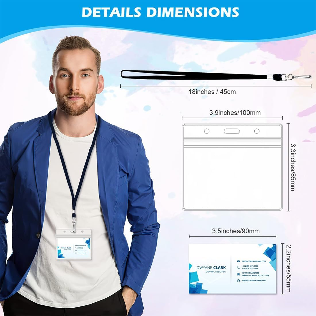 50Pcs Clear Name Tags with Neck Lanyard, Clear Plastic Horizontal Name Tags Badge ID Card Holders and Flat Neck Lanyards, Black Lanyard Kit with Swivel Hook for School, Festival, Event image number 2