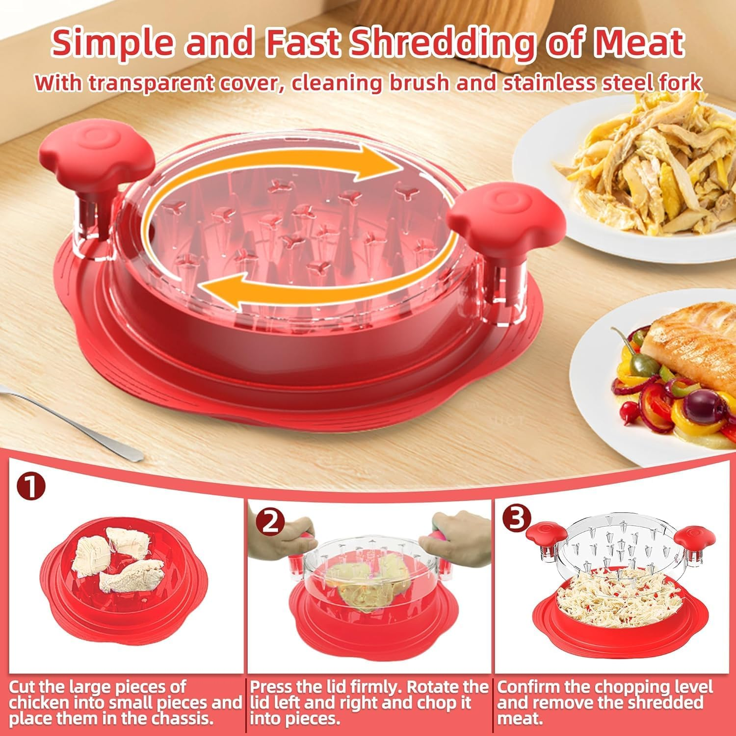 Chicken Shredder with Clear Lid, Visible Meat Machine with Ergonomic Handle, Non-Slip BPA Free Breast Shredder, Dishwasher Safe for Fish Pork Beef (Red) image number 1
