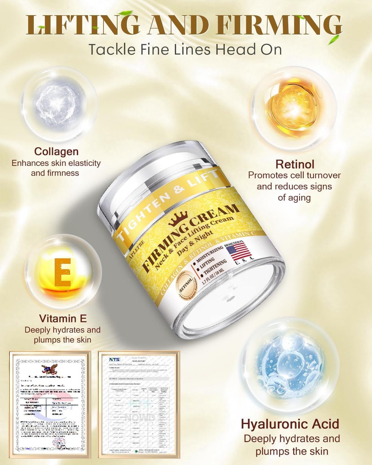 1% Retinol Cream Face Moisturizer, anti Aging Neck Firming Cream with Collagen, Day & Night Face Lotion with Hyaluronic Acid, Lifting & Tightening Cream for Women & Men, 1.7 FL OZ image number 3