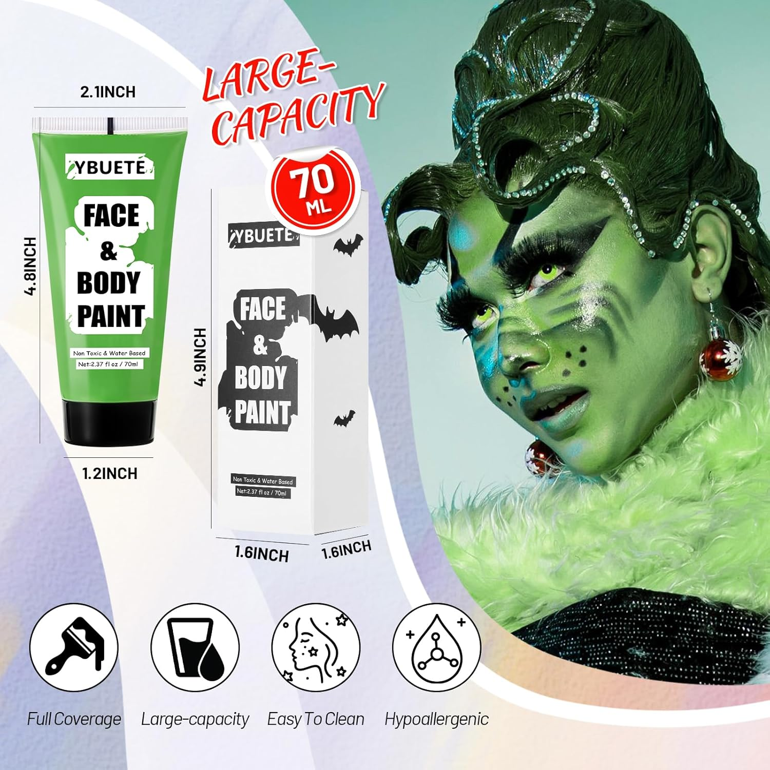 YBUETE Light Green Water Based Face Body Paint for St. Patrick&rsquo;S Day,2.37 OZ Large Tube Full Coverage Face Paint for Cosplay Monster Hulk Witch,Washable Green Body Painting Adult Halloween SFX Makeup - Blue image number 2