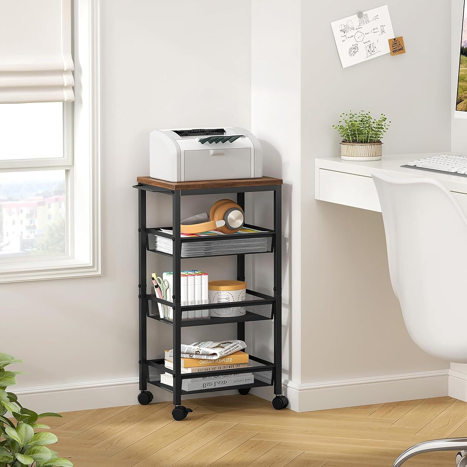 Relaxdays Niche Trolley, H X W X D: 77 X 13 X 45 Cm, Narrow Recess Shelf Bathroom & Kitchen, 4 Levels, Metal Rolling Shelf, Brown/Black image number 5