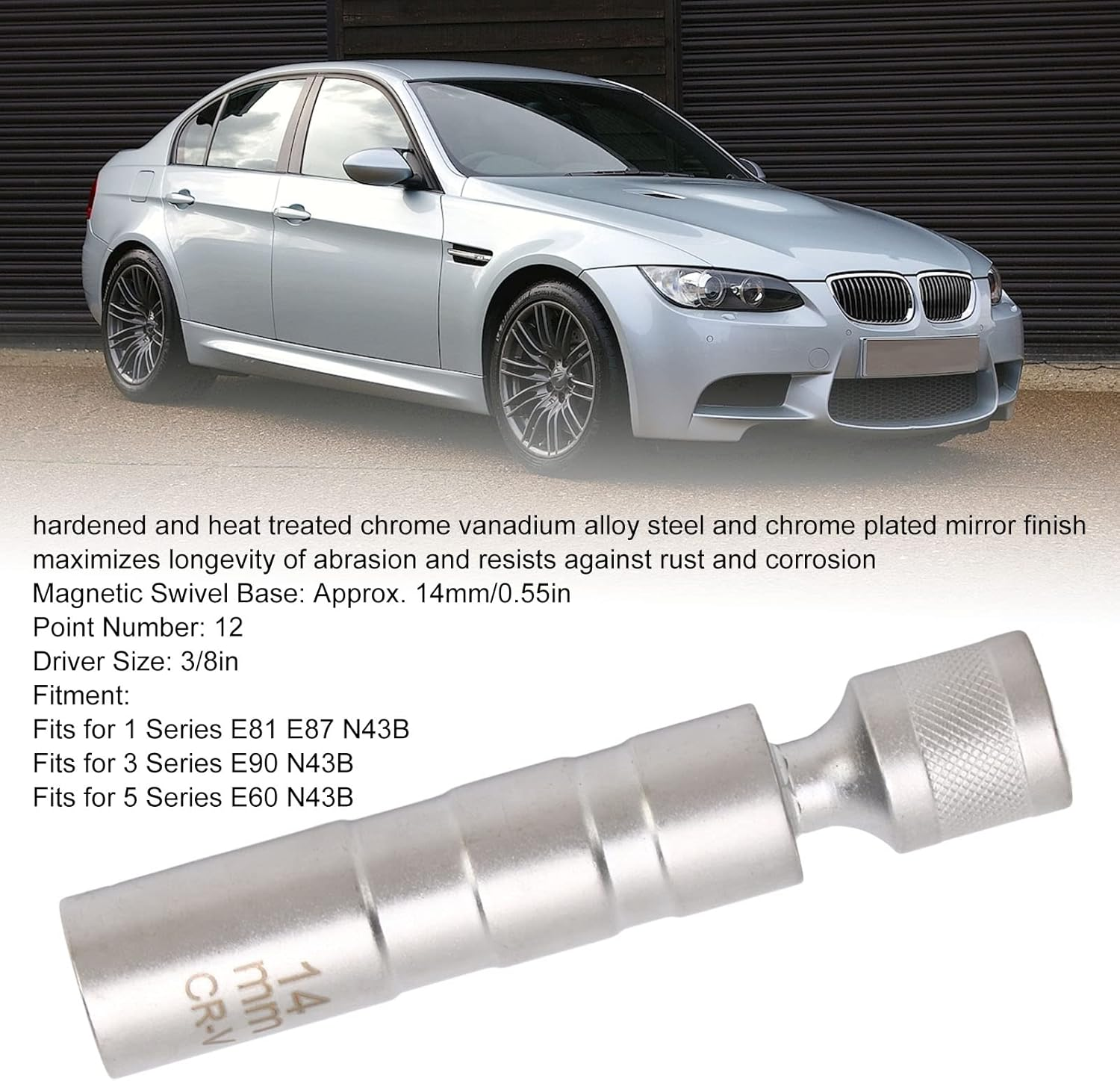 Magnetic Swivel Spark Plug Socket, Chrome Vanadium Alloy Steel 3/8In Drive Wobble Spark Plug Sleeve 14Mm Base for Car image number 1