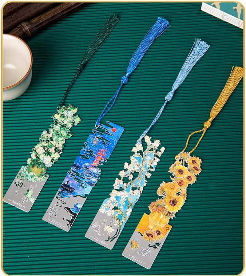 4 PCS Metal Bookmarks with Tassel for Reading Women, 4 Pretty and Beautiful Retro Floral Flower Oil Painting Design Book Page Markers for Reading image number 3
