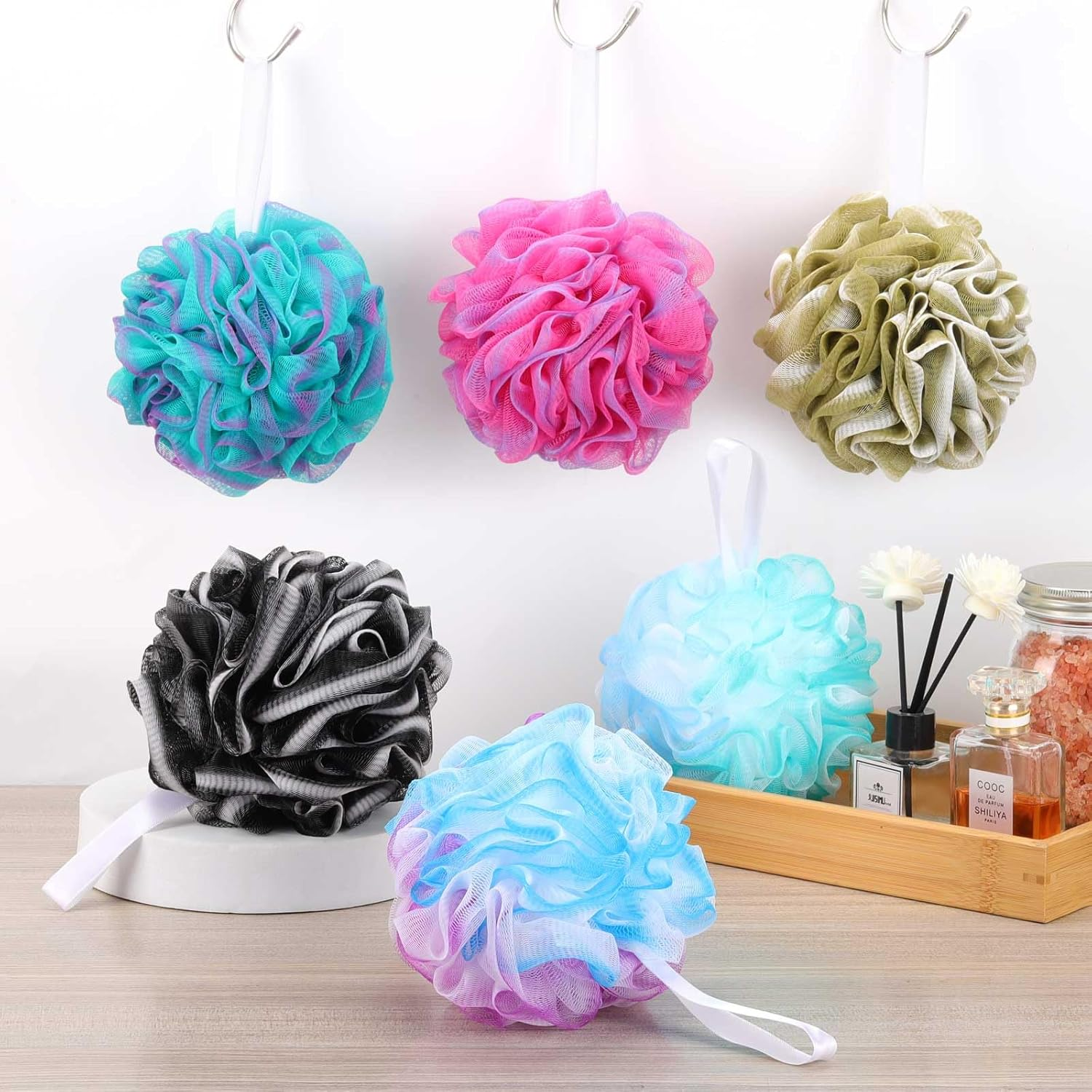 BTYMS 75G/Piece Large Loofahs Shower Sponge, Exfoliating Body Scrubber Shower Scrunchies Mesh Pouf Bath Sponges - Pack of 6 image number 5