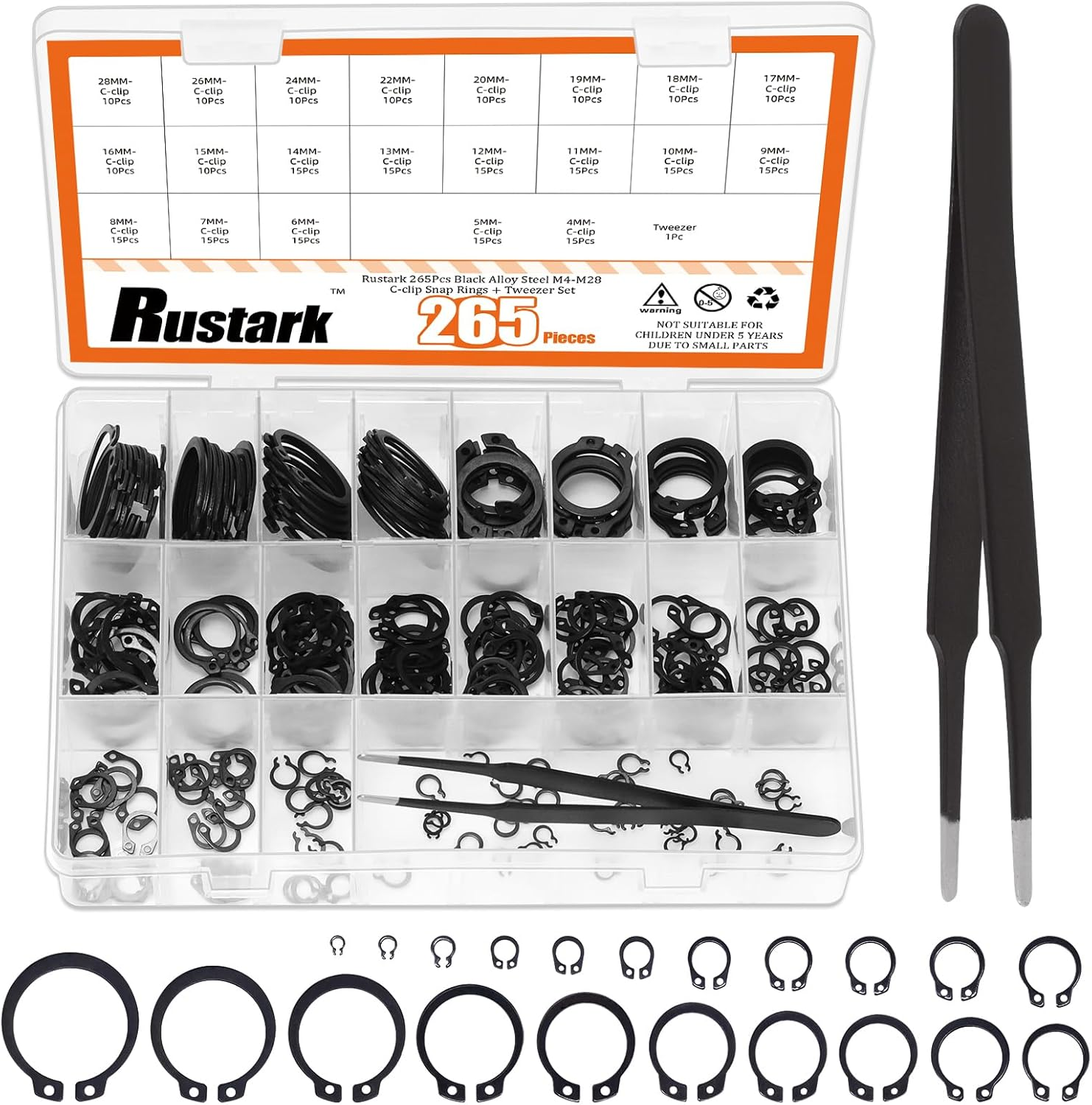 266Pcs 21 Sizes Black External Snap Rings Assortment Kit with Tweezers Alloy Steel External Retaining Rings Circlip Snap Retaining Clip Rings C-Clips Snap Ring Set for Axle Shaft Parts image number 6