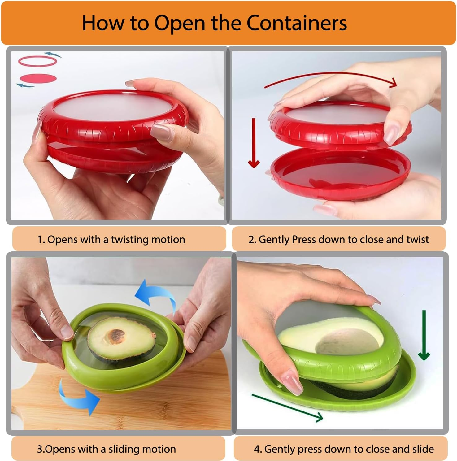 Avocado Saver and Tomato Holder - Set of 4 Reusable Silicone Fruit and Vegetable Storage Containers for Fridge - Ideal for Garlic, Onions, Lemons, and Potatoes image number 1