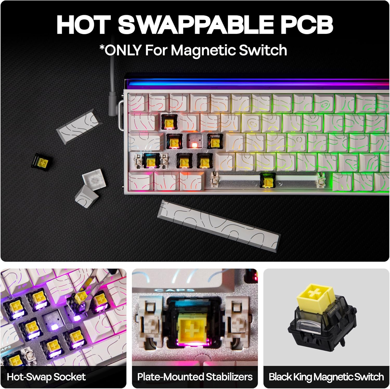 Mechlands Aula Hero68 HE Wired Magnetic Gaming Keyboard, Rapid Hall Effect Keyboard with 0.01Mm Adjustable Actuation, 8Khz Polling, 5-Layer Sound Dampening, RGB Lightbox & Backlit (White Topographic)