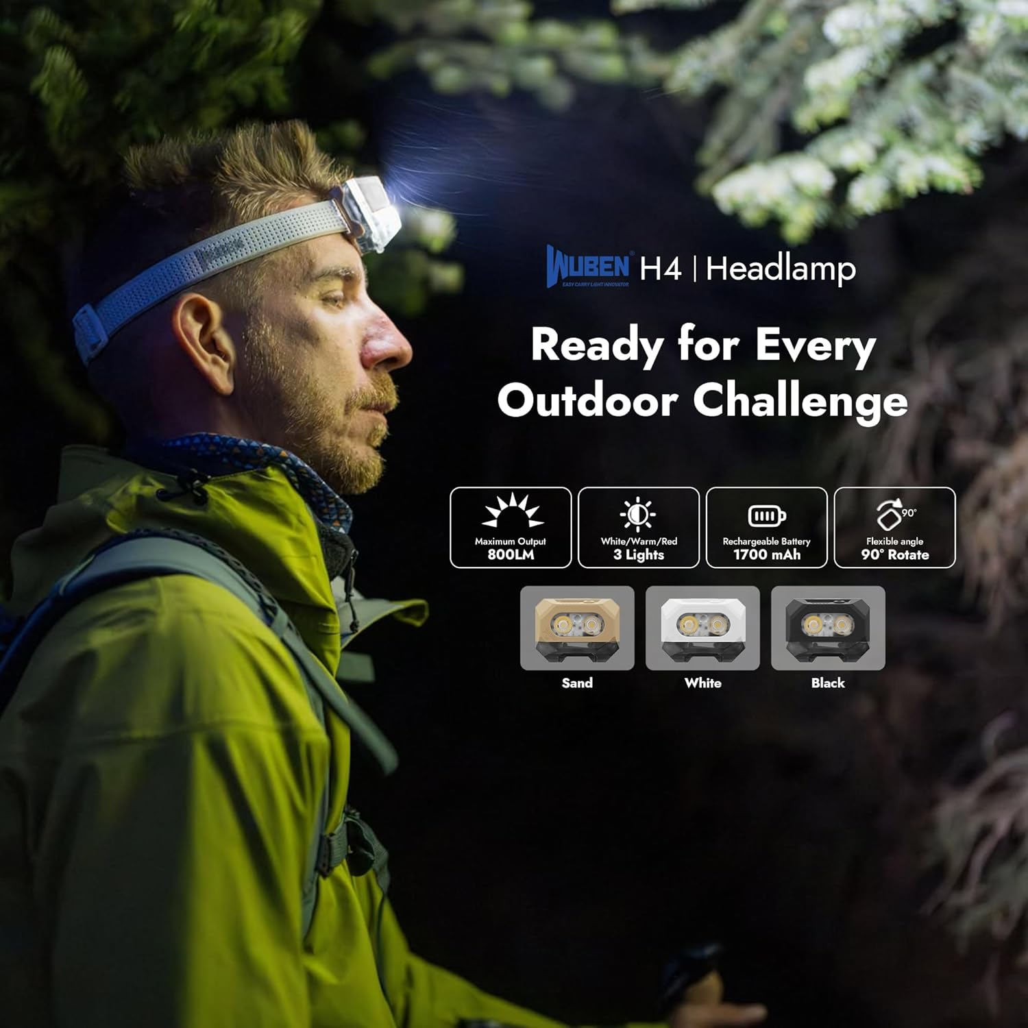 WUBEN H4 LED Head Torch Rechargeable, 800 Lumens Super Bright Headlamp, IP68 Waterproof Headlamp with Motion Sensor, Headtorch 10 Modes with Red Light, Headlight for Running, Camping Gear& Hiking Gear - White image number 4