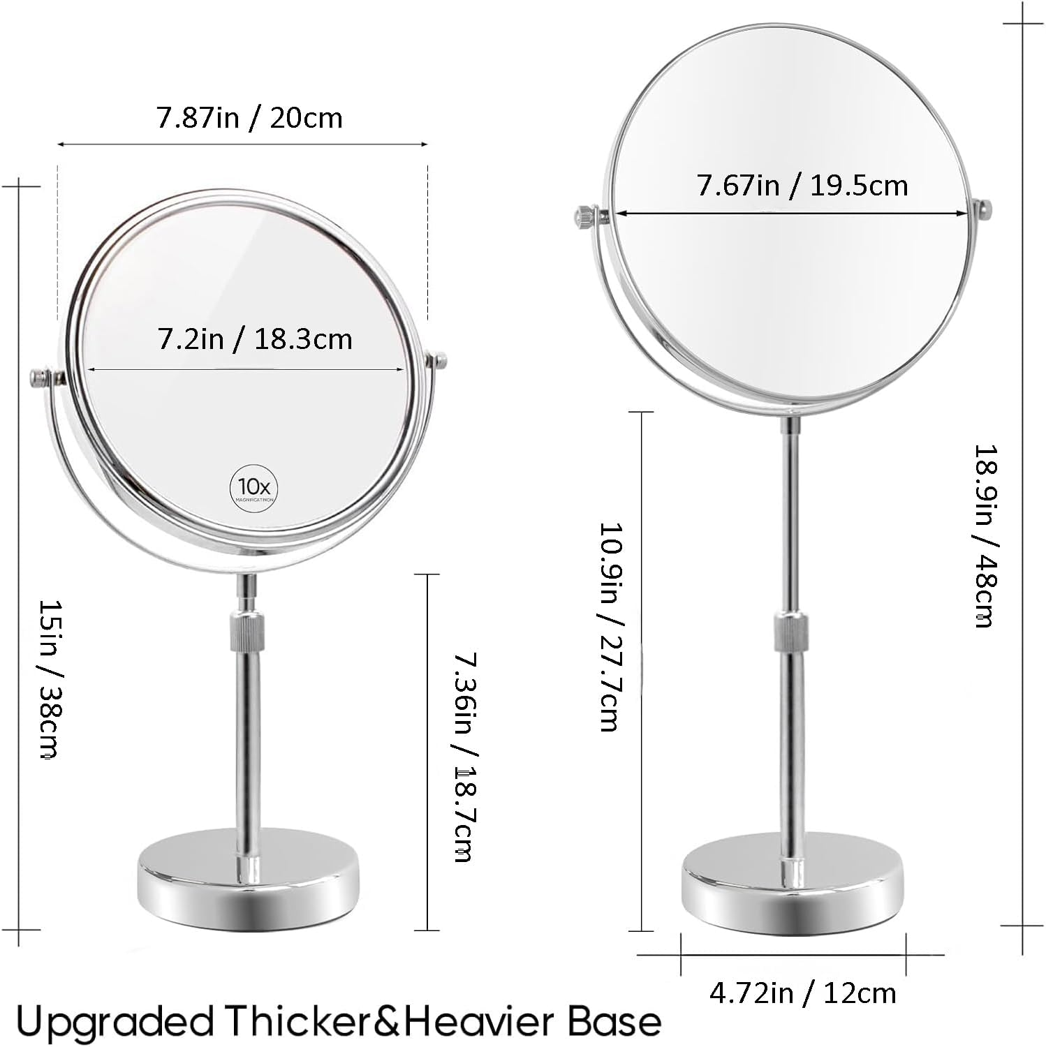 Zarek 8 Inch Makeup Mirror with 10X Magnification, Make up Mirror Double-Sided, Table Mirror with Pedestal for Shaving, Standing Mirror Height Adjustable Chrome Finish (8 Inch, 10X) image number 5