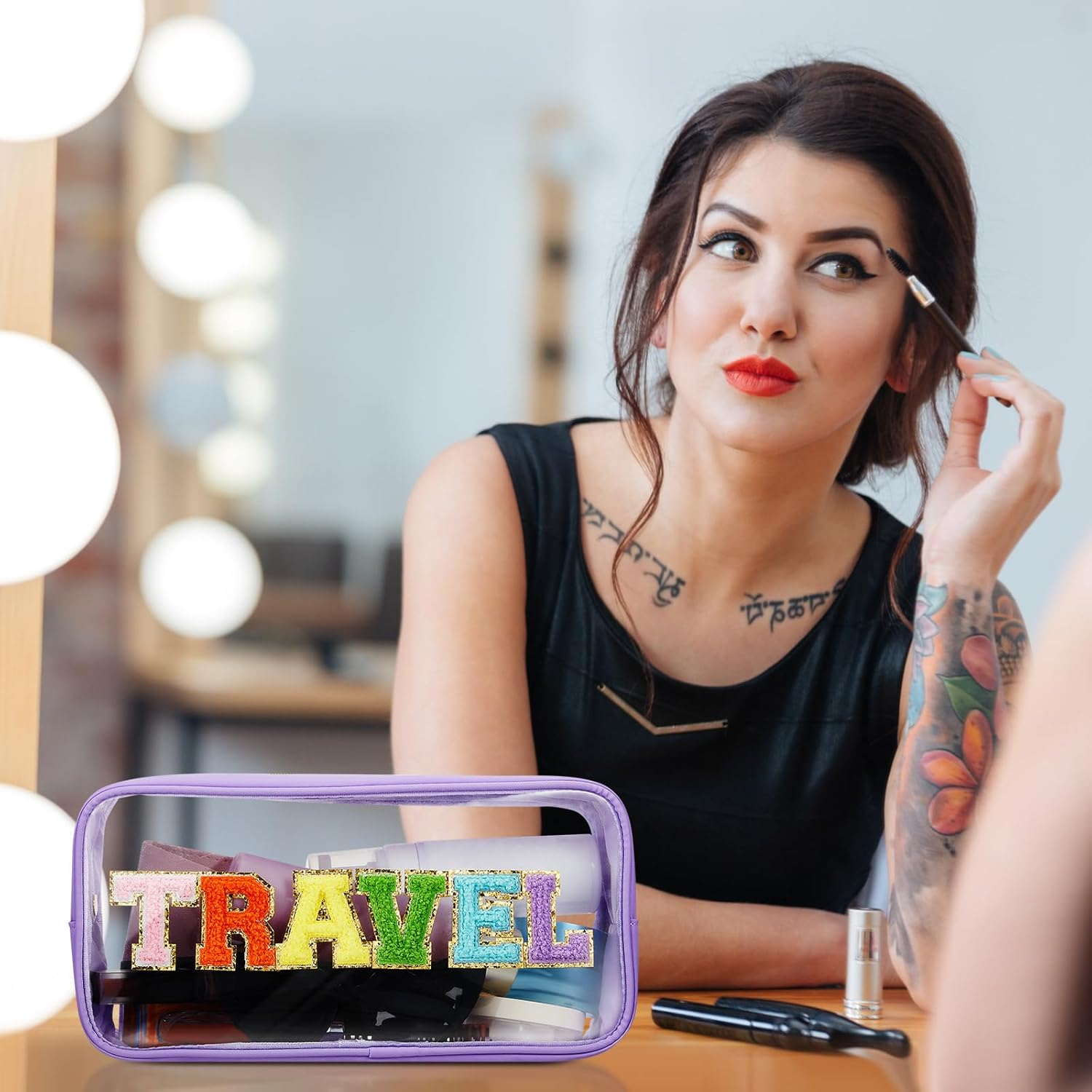 Abbylike 6 Pcs Large Chenille Letter Cosmetic Bag Preppy Patch PVC Nylon Makeup Bag Portable Glitter Clear Cosmetic Bags with Zipper Travel Toiletry Storage Stuff Pouch for Women, as Shown in Pictures, Classic image number 1