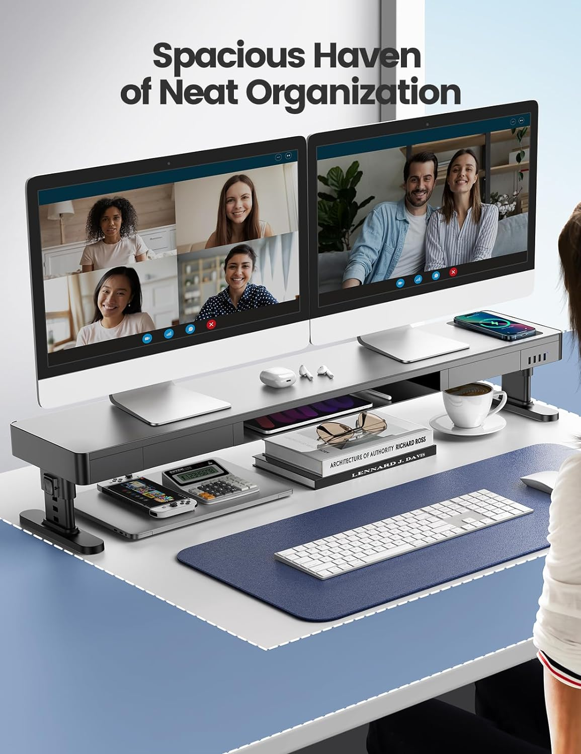 Meatanty Dual Monitor Stand with 4 Adjustable Heights, Auto Phone Charging Pad, 4 USB Ports, Computer Riser with Drawers Storage, Metal Double Desk Organizer Lifter Raiser for 2 Monitors Screen Gift image number 3