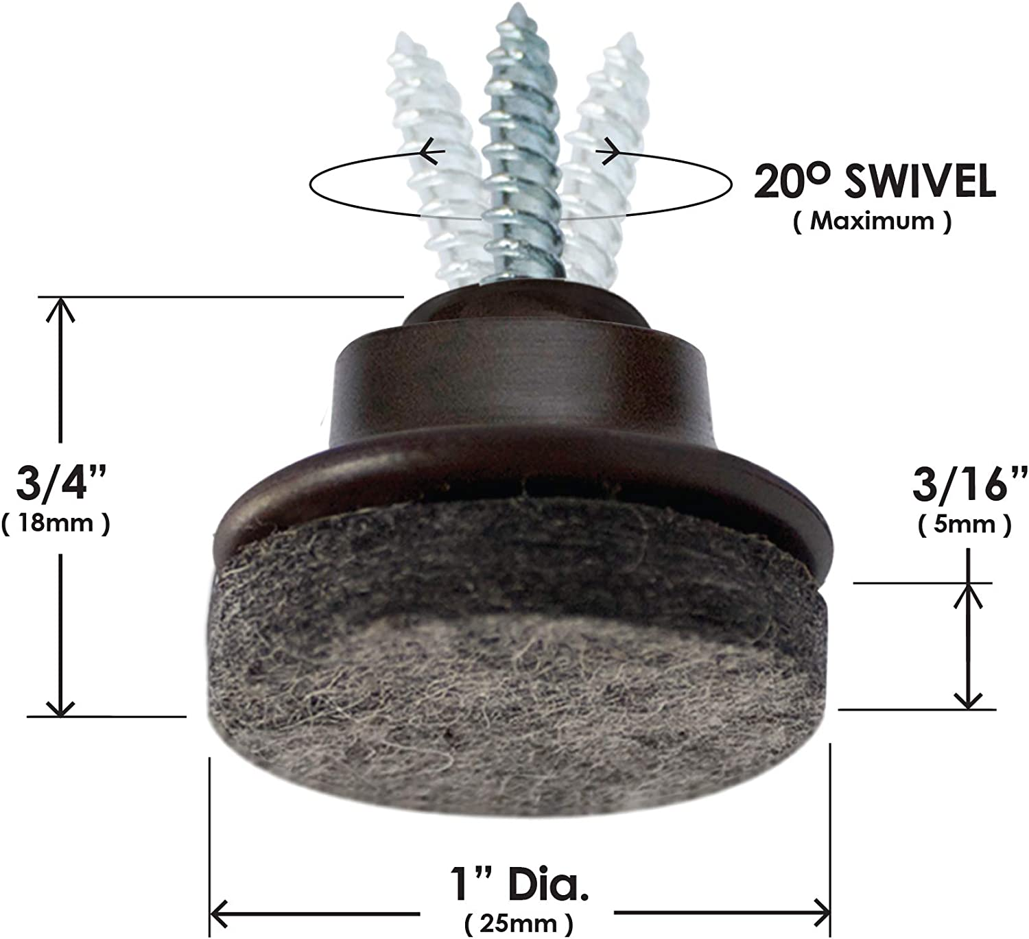 Gorillafelt Swivel Glide Felt Sliders for Chairs (16 Pack) Screw-On Floor Protectors for Angled Furniture Legs, 1 Inch round Felt Glides, CB259-16 image number 5