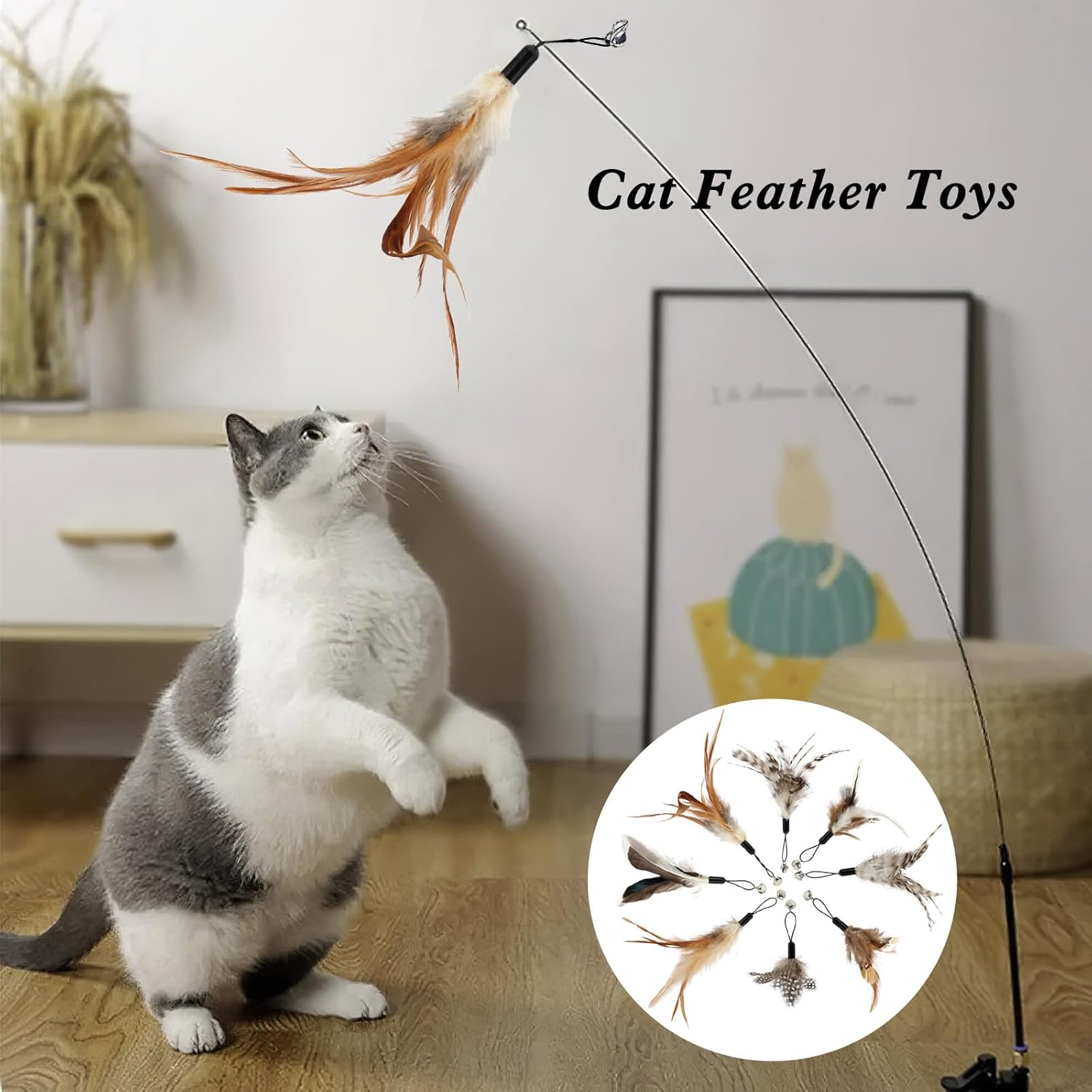 Pack of 8 Cat Feather Toys with Bells, Feather Teaser Cat Toy, Replacement Feather Refills with Bells, Exerciser Play Toy for Kittens or Cats image number 1