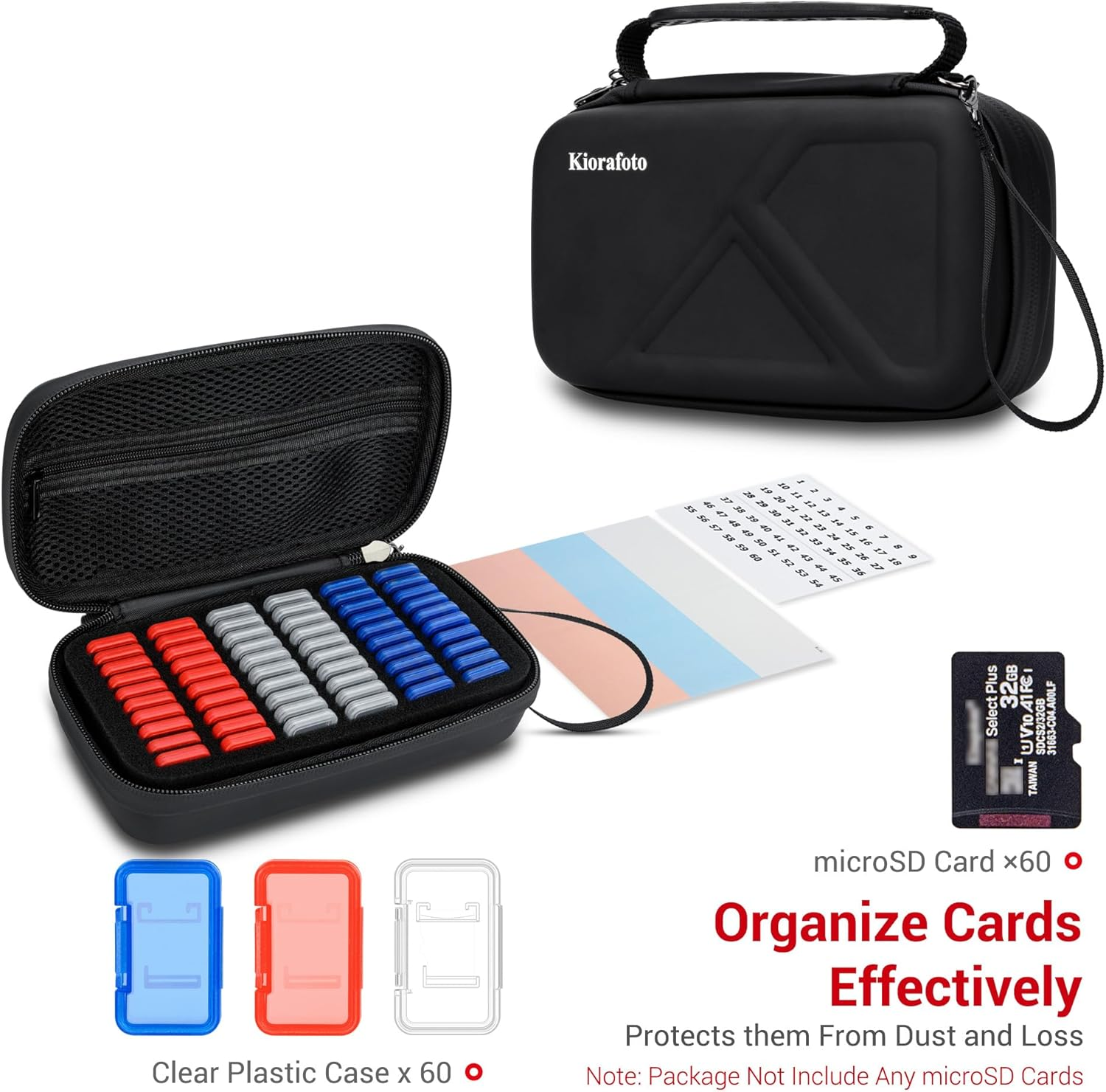 EVA PU Micro SD Card Case with 60 Individual Plastic TF Card Holders - Water-Resistant, Anti-Shock Carrying Organizer with Handle & Label image number 5