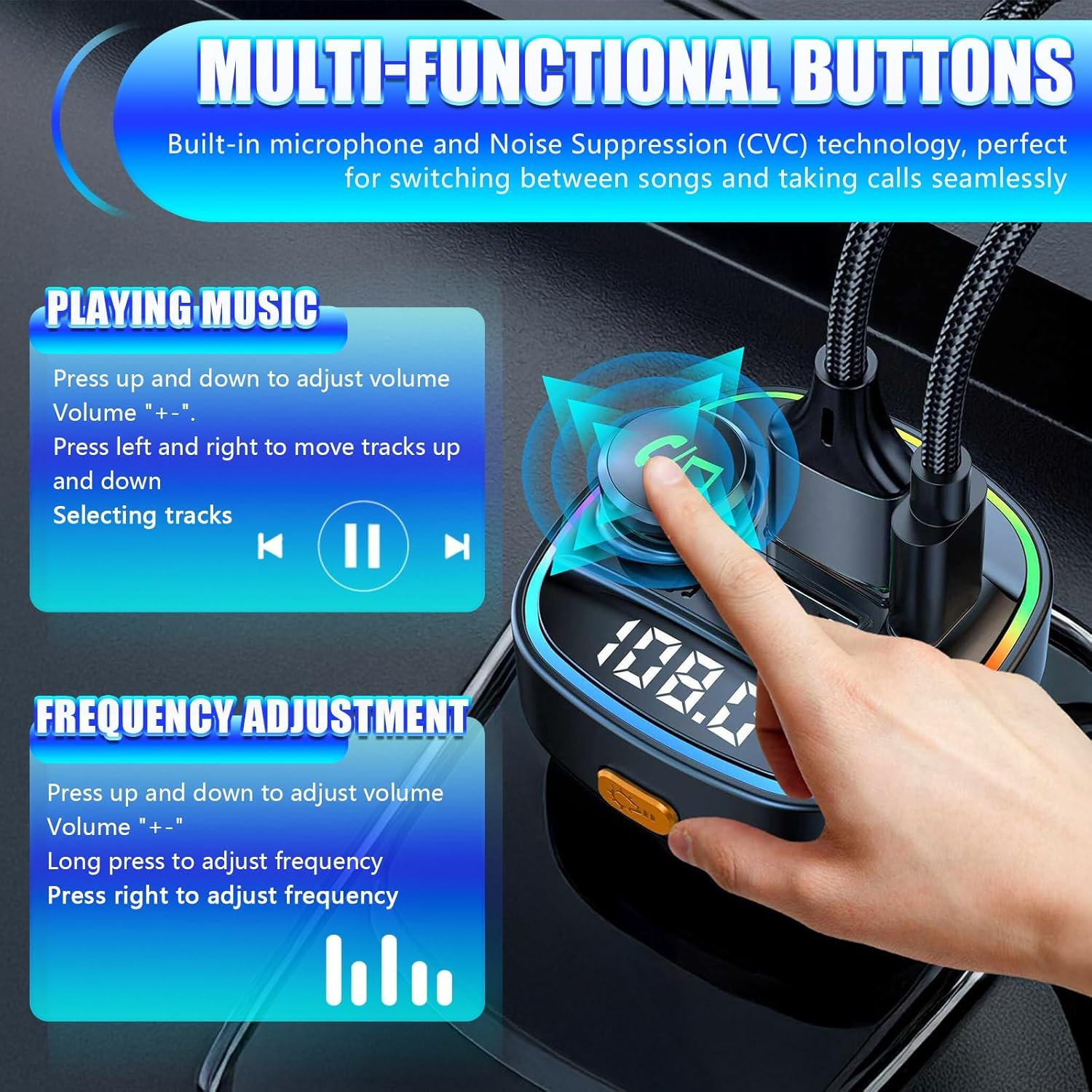 FM Transmitter,Bluetooth 5.4 FM Transmitter Car Adapter,48W （PD 36W & 12W） Fast Charger, 7+1Color LED Light, Hands-Free Calling, Bass Boost Hi-Fi Sound, Support U Disk/Tf Card & Voice Assistant(Usb image number 1