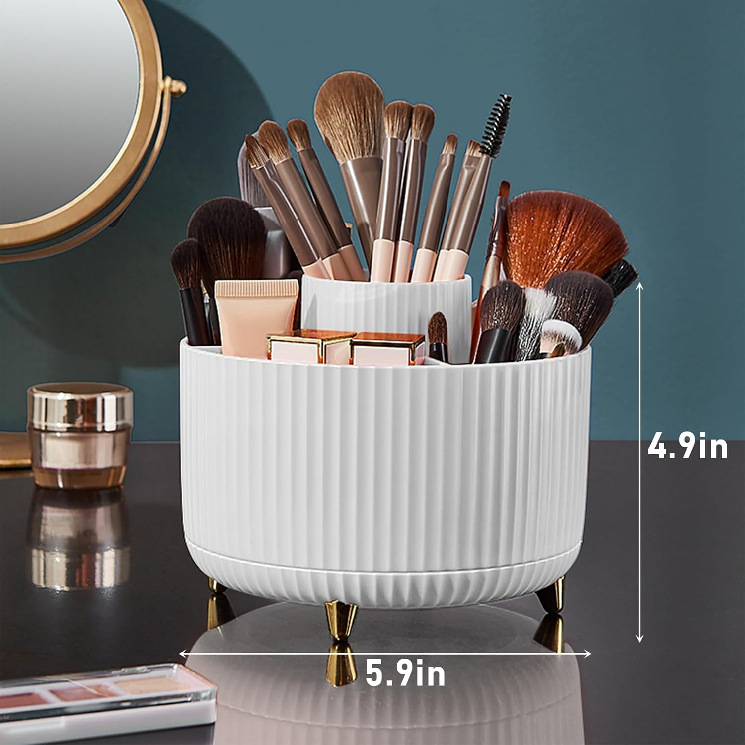 Diesisa Makeup Brush Holder Organizer,360&deg; Rotating Makeup Brush Organizer,5 Slot Make up Brushes Cup for Cosmetics, Nail Polish, Art Supply, Bathroom Vanity Desktop Organizer - White - Blue image number 2