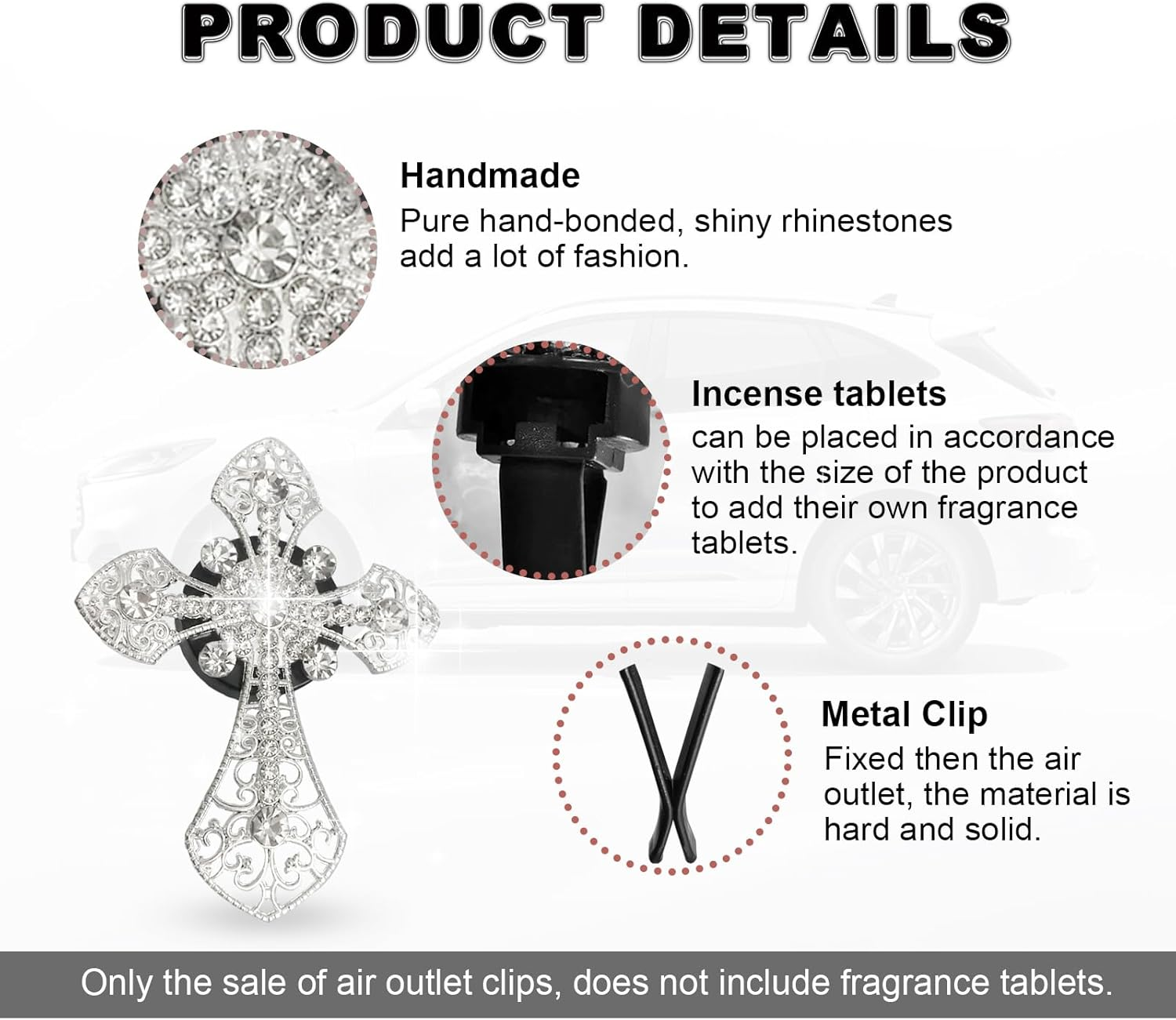 2Pcs Car Air Vent Clip, Bling Rhinestone Diamond Cross Crystal Car Air Vent Clips, Car Air Conditioning Outlet Clip Decorative, Universal Car Interior Decoration Accessories(Silver) - Colorful image number 4