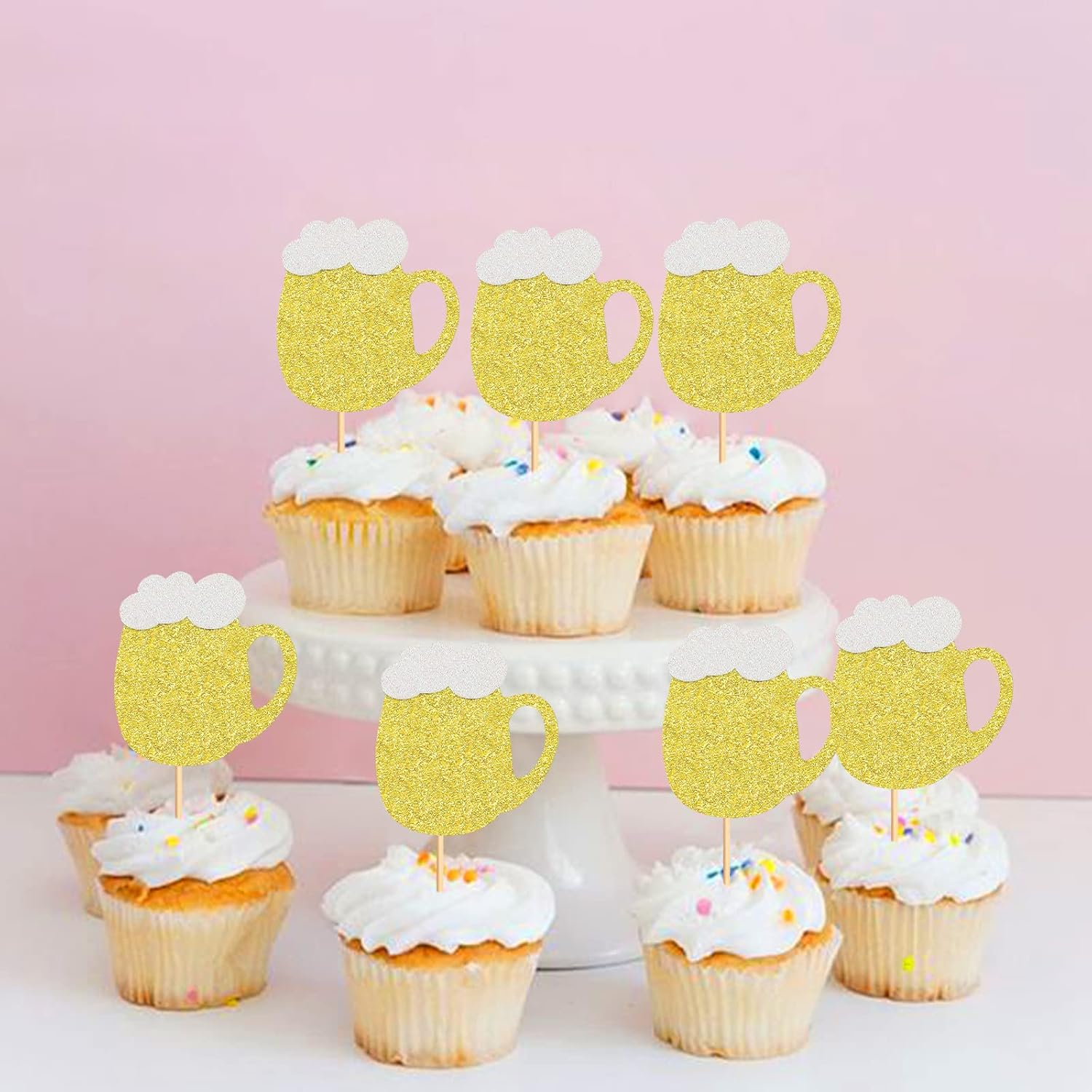 24 Pack Beer Mug Cupcake Toppers Cheers Beer Mug Cupcake Picks for Cheers Beer Festival Birthday Wedding Anniversary Party Cake Decorations Supplies