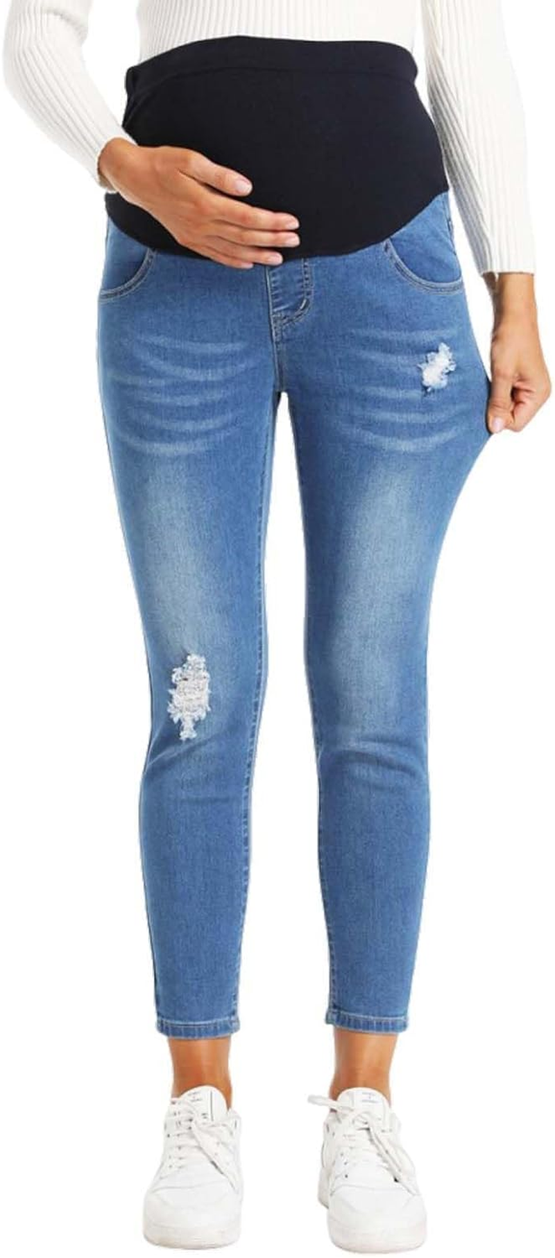 Maternity Jeans over the Belly Slim Stretch Maternity Denim Pants Casual Maternity Ripped Pants