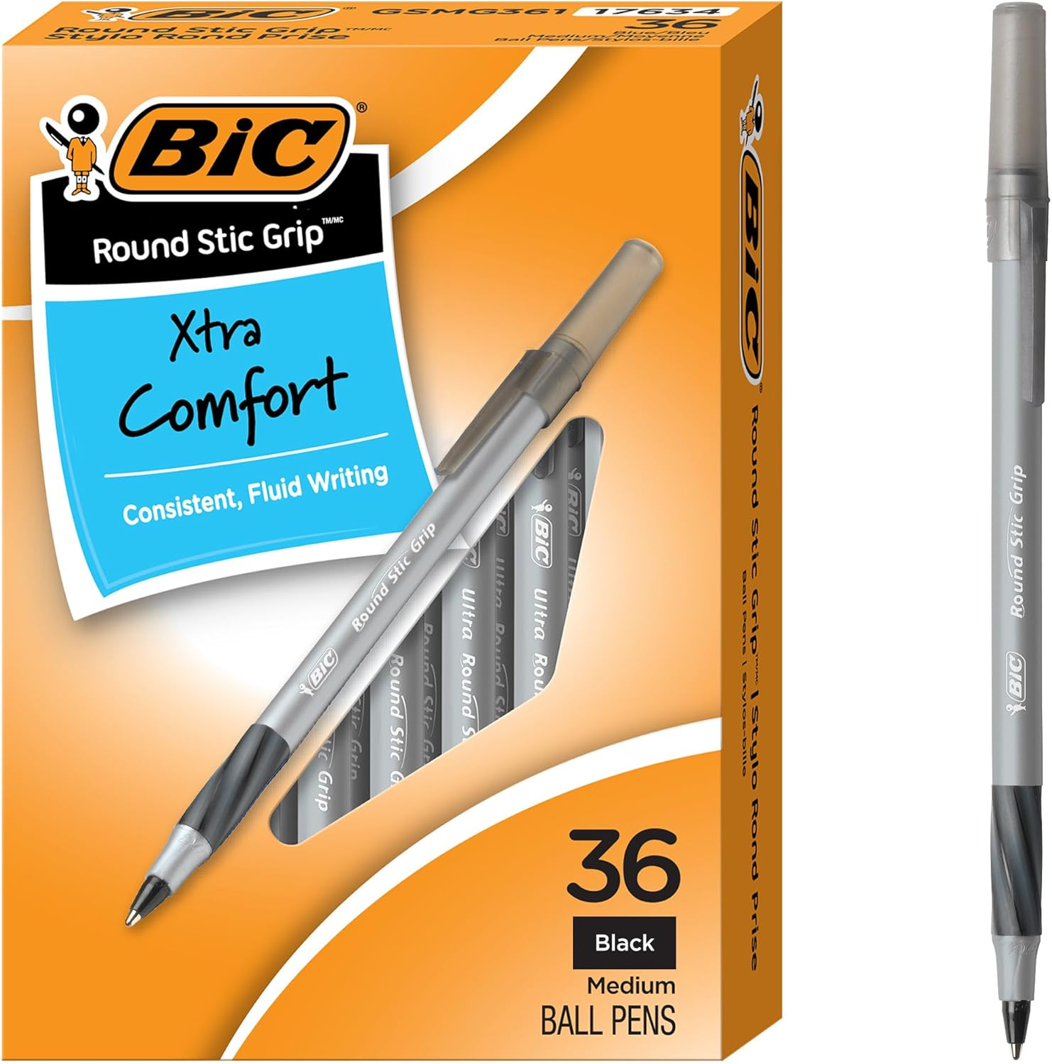 BIC round Stic Grip Xtra Comfort Ball Pen, Medium (1.2 Mm), Black, 12-Count