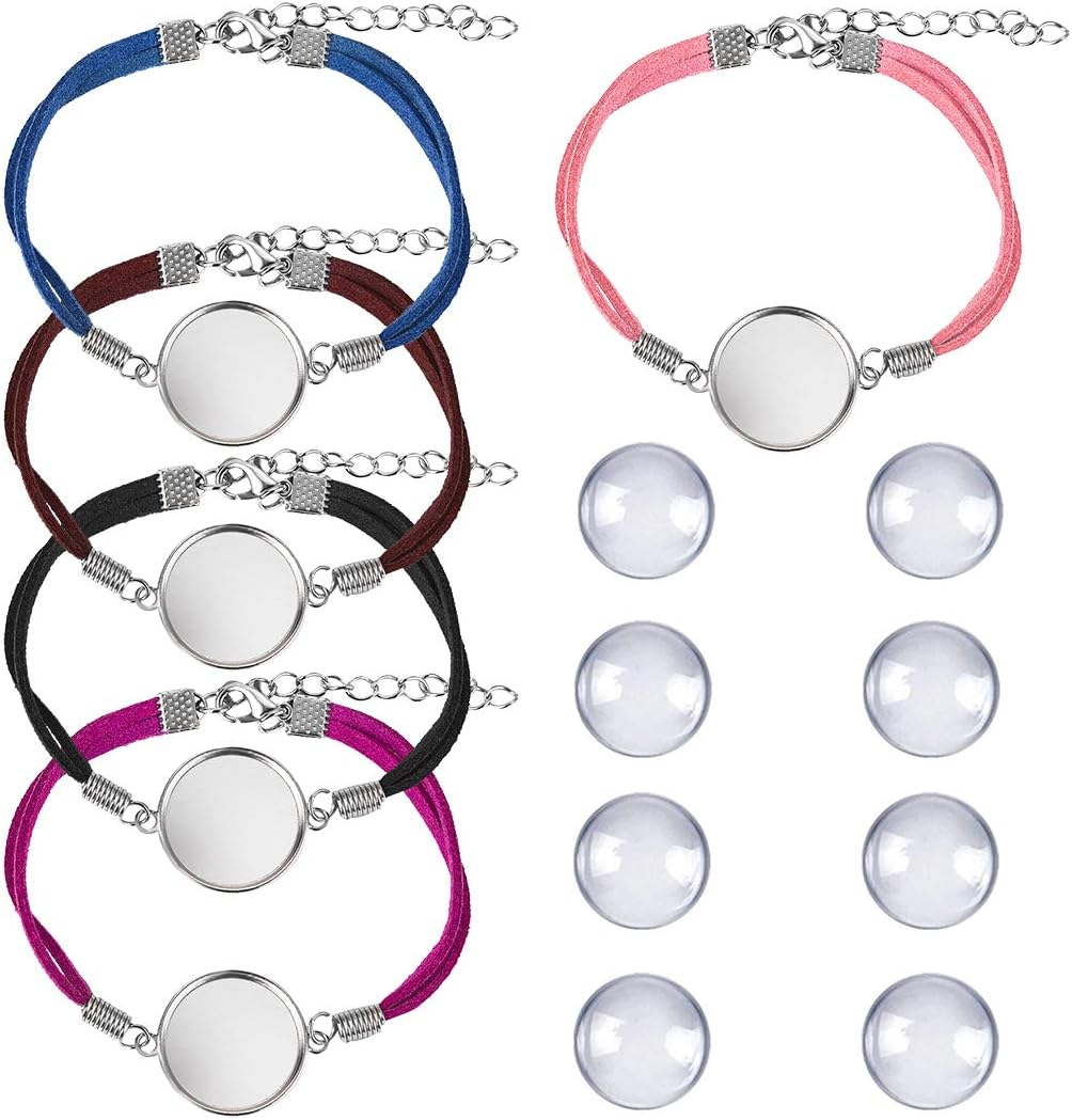 DROLE 40Pcs Black Leather Cabochon Bracelet Blanks-20Pcs 20Mm Cabochon Bezel Tray Blank Bracelets with 20Mm Cabochon Black Bracelet Chain for Jewelry Making Silver Base