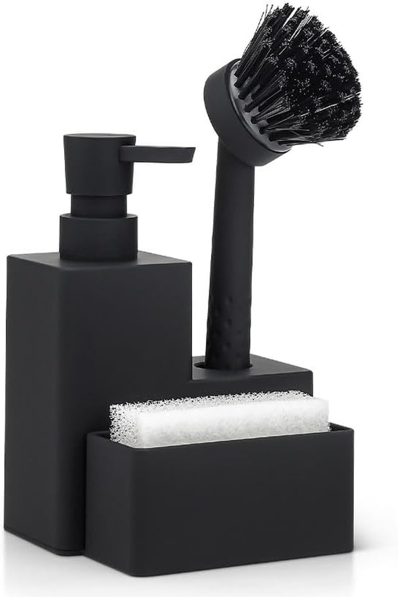 Ranqisys 3-In-1 Soap Dispenser Set with Sponge Holder &ndash; Dual Soap Pump Dispenser for Kitchen Sink, Hand & Dish Soap, Brush & Sponge Caddy, Black, 320Ml image number 3