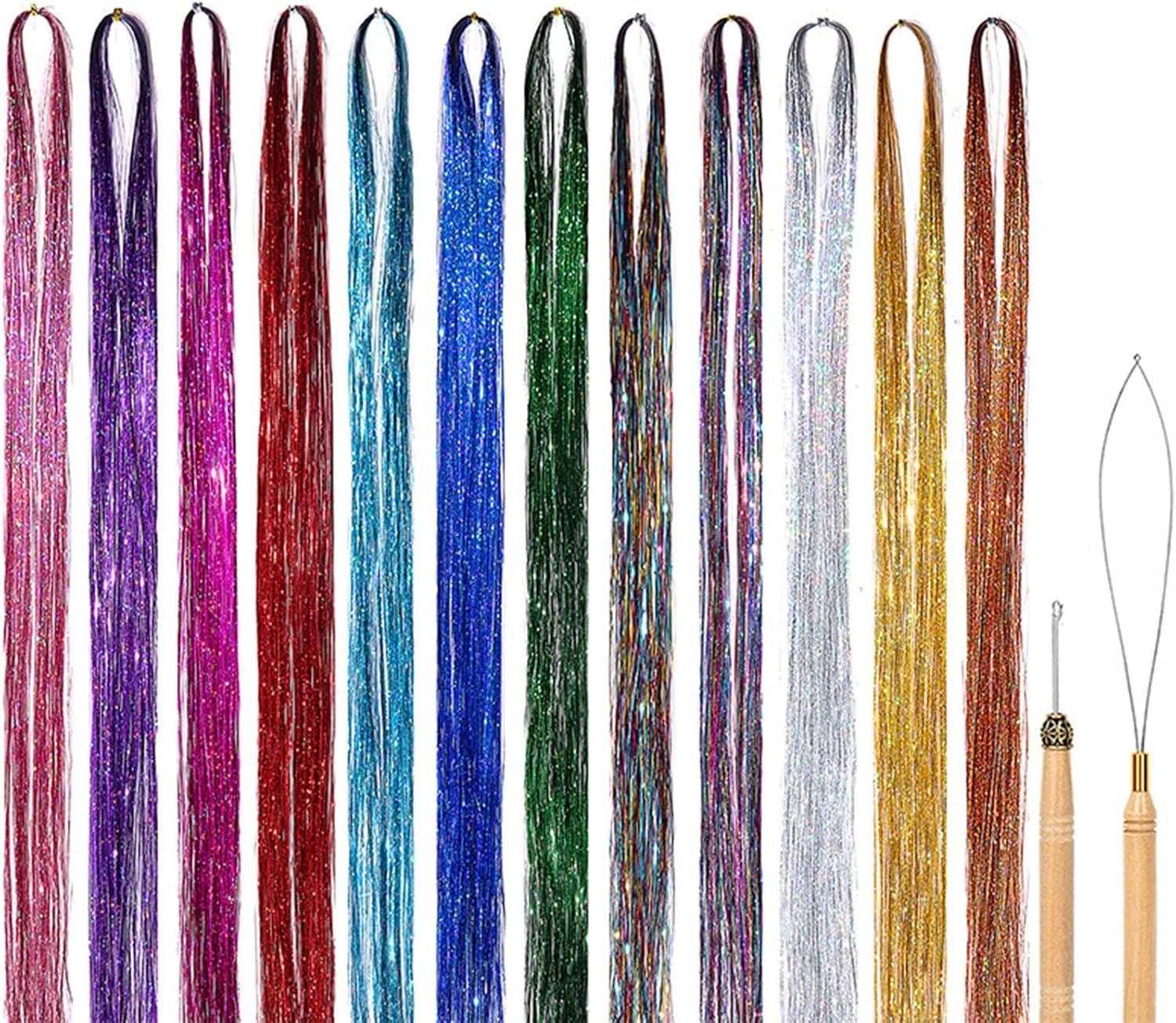 Hair Tinsel Strands Kit with Tools, 90Cm 12 Colors 2400 Strands Sparkling Party Tinsel Hair Extensions Highlights Multi-Colors Synthetic Hair Streak Bling for Women Girls image number 4