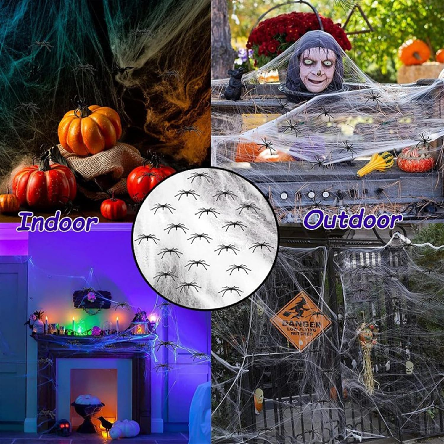 1500 Sqft Halloween Spider Webs Decorations with 150 Extra Fake Spiders, 600 Sqft Super Stretchy Cobwebs for Halloween Decor Indoor and Outdoor (White, 200G/600 Sqft) image number 1