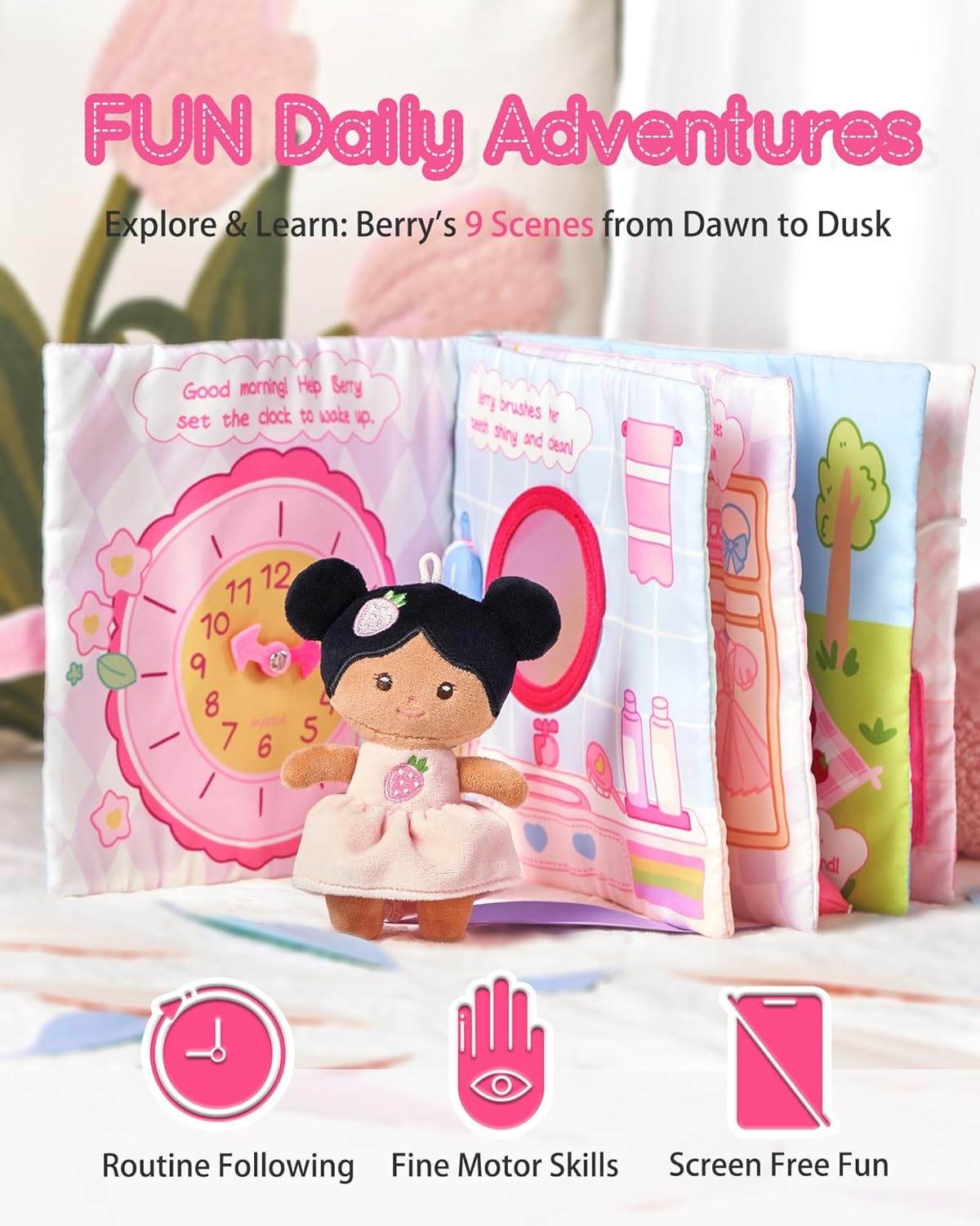 Leyadoll Interactive Sensory Soft Cloth Book, Educational Crinkle Quiet Activity Busy Book for Babies,Toddler Travel Toy 1-3 Year Old Boys and Girls (A Berry Special Day) image number 4