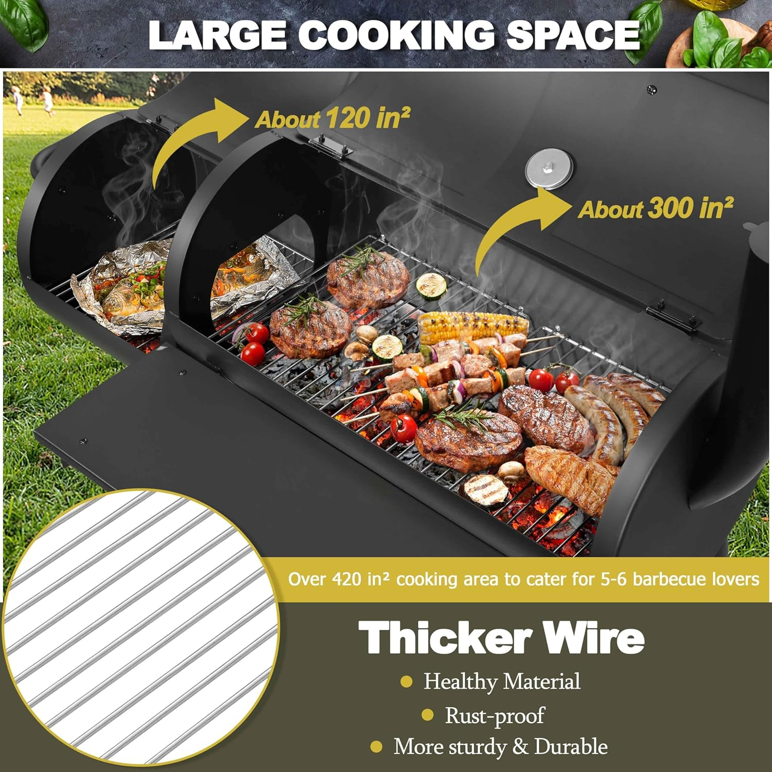 Charcoal Grills Outdoor BBQ Grill, Barrel Charcoal Grill with Side Table, with Nearly 438 Sq.In. Cooking Area, Cooking Space for 6-10 People, Ideal for Camping and Backyard BBQ image number 1