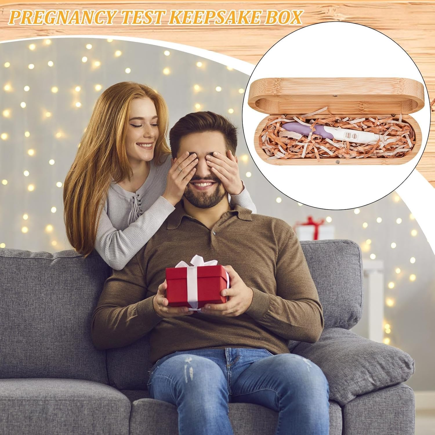 Pregnancy Test Wood Box, Wooden Keepsake Case with Raffia Filling, Souvenir Memory Holder for Announcement Reveal, Grandparents, Husband, Baby Expose Surprise 7.72X2.52X1.65 Inches