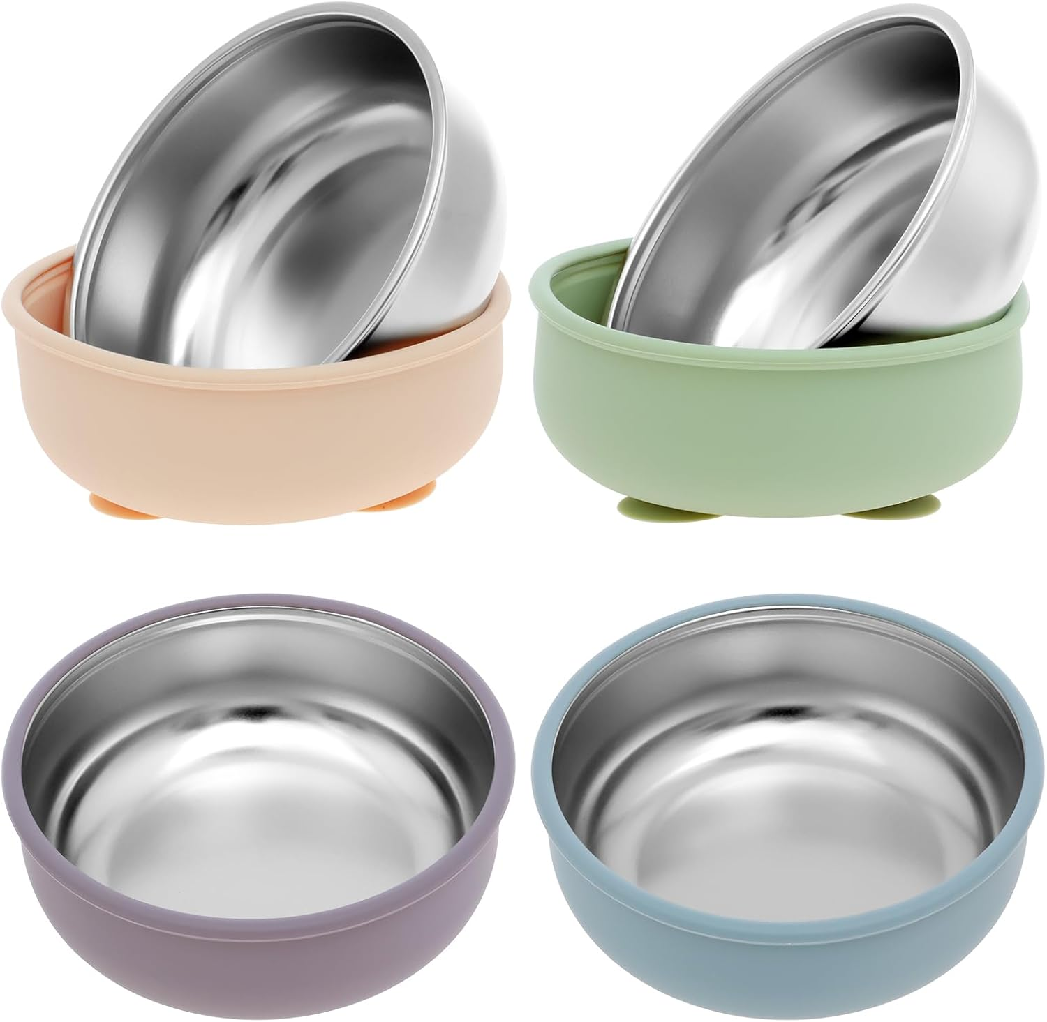 4 Pcs 304 Stainless Steel Baby Bowl with Removable Silicone Shell,Nonslip Baby Food Bowl with Suction for Toddlers 4 Colors Se image number 1