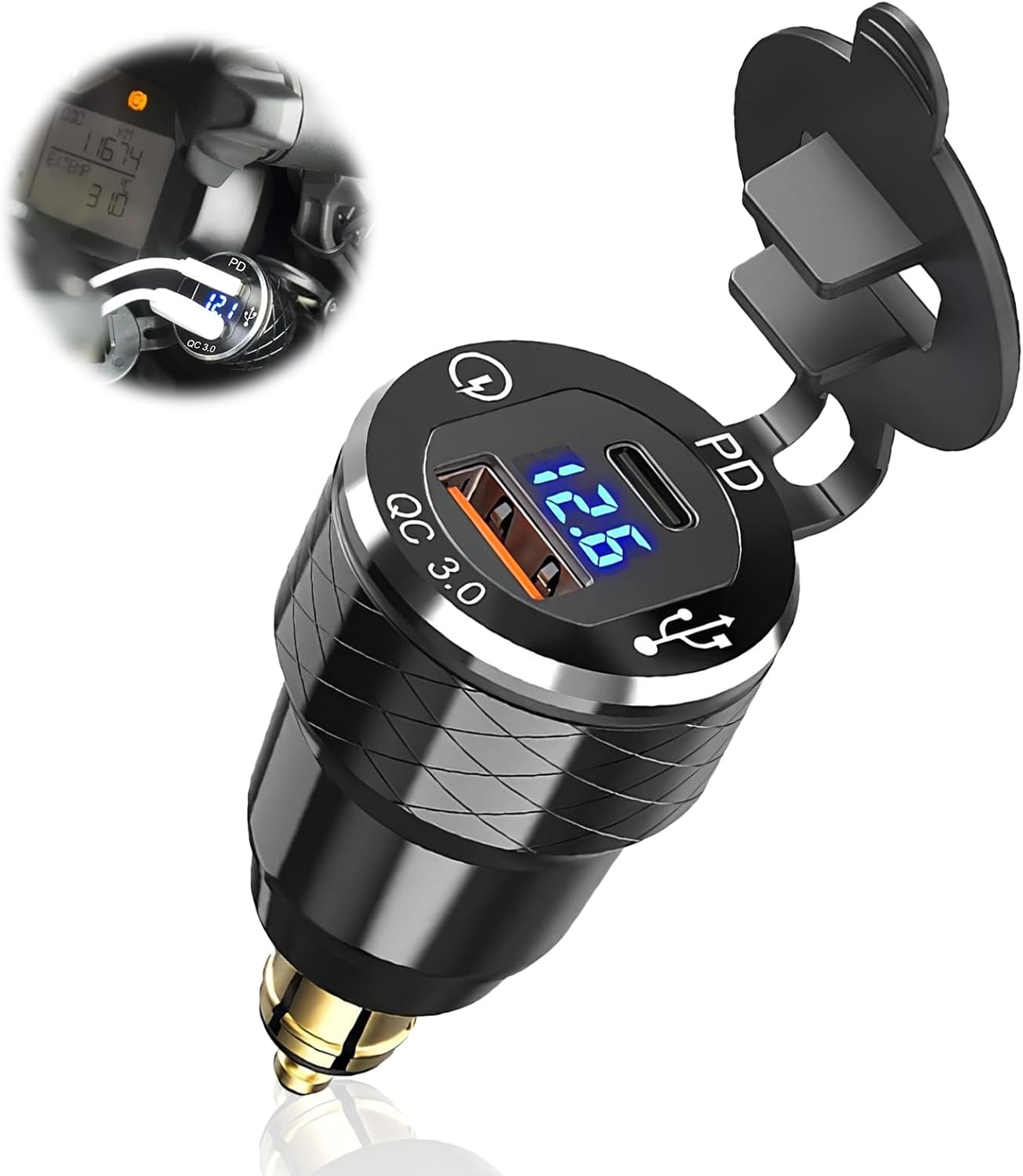 USB C Motorcycle DIN Charger, 30W PD3.0 and 18W QC3.0 Dual USB DIN Hella Socket with LED Voltmeter, Waterproof Aluminum Cigarette Lighter Adapter Plug for Motorcycle 12V/24V BWM Ducati image number 1