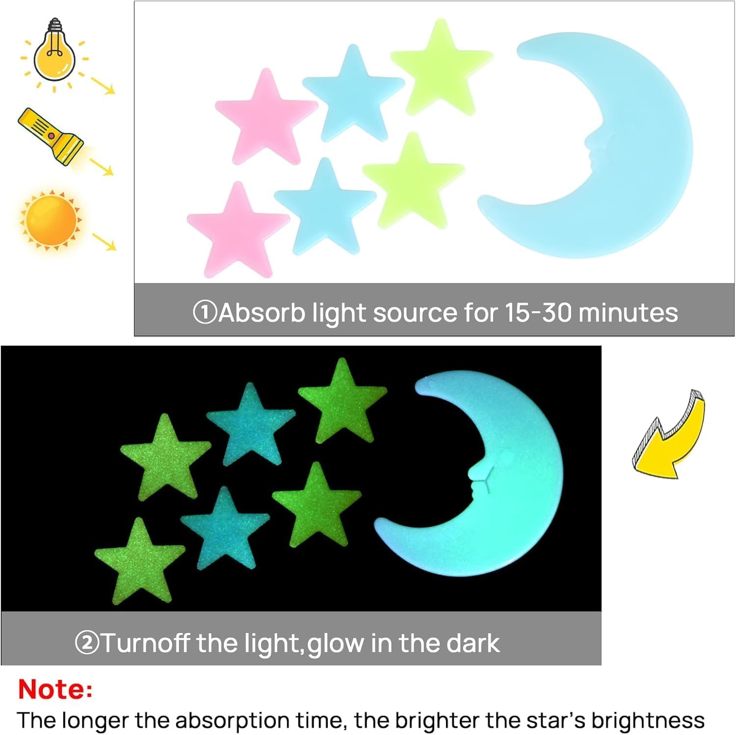 Glow in the Dark Stars and Moons for Kids Bedroom &ndash; 200 Glow Stars Ceiling Stickers & 6 3D Moons &ndash; Wall & Ceiling Room Decor for Boys and Girls image number 1